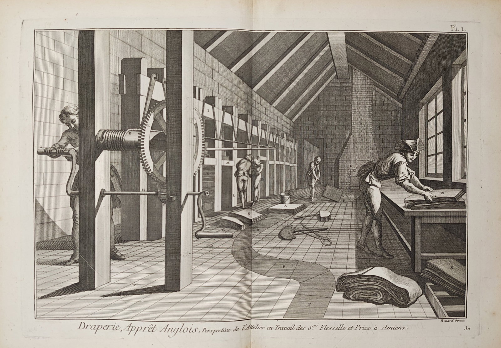 Robert Benard – Drapery Workshop and English Cloth Finishing – Engraving (18th Century): "Drapery, English Finishing" illustrates craftsmen at work operating pressing machinery, folding textiles, and preparing woolen fabrics inside the Flesselle and Price workshop in Amiens. The industria