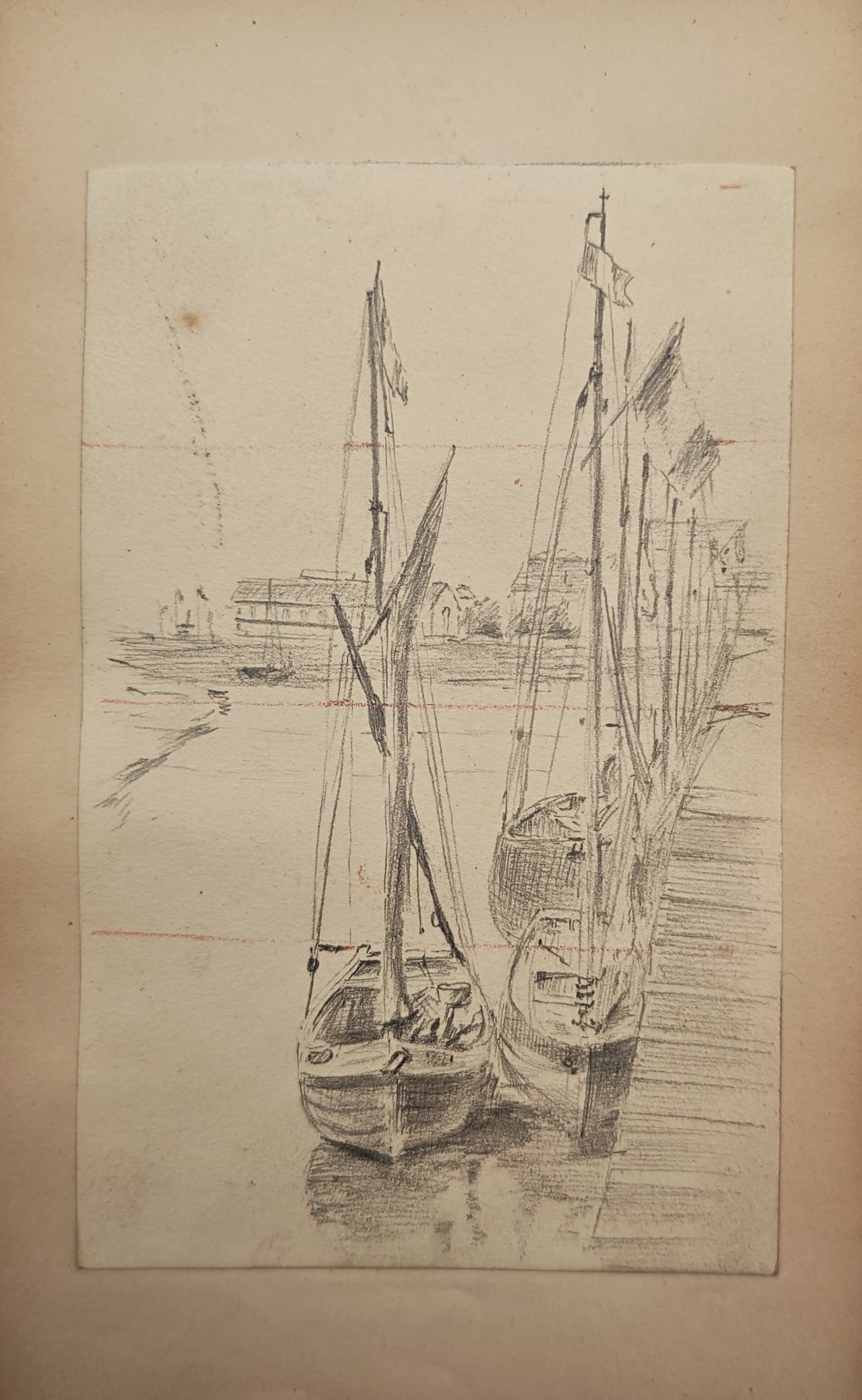 Unknown Artist – Moored Sailboats in Harbor – Drawing (20th Century) (1 of 2)