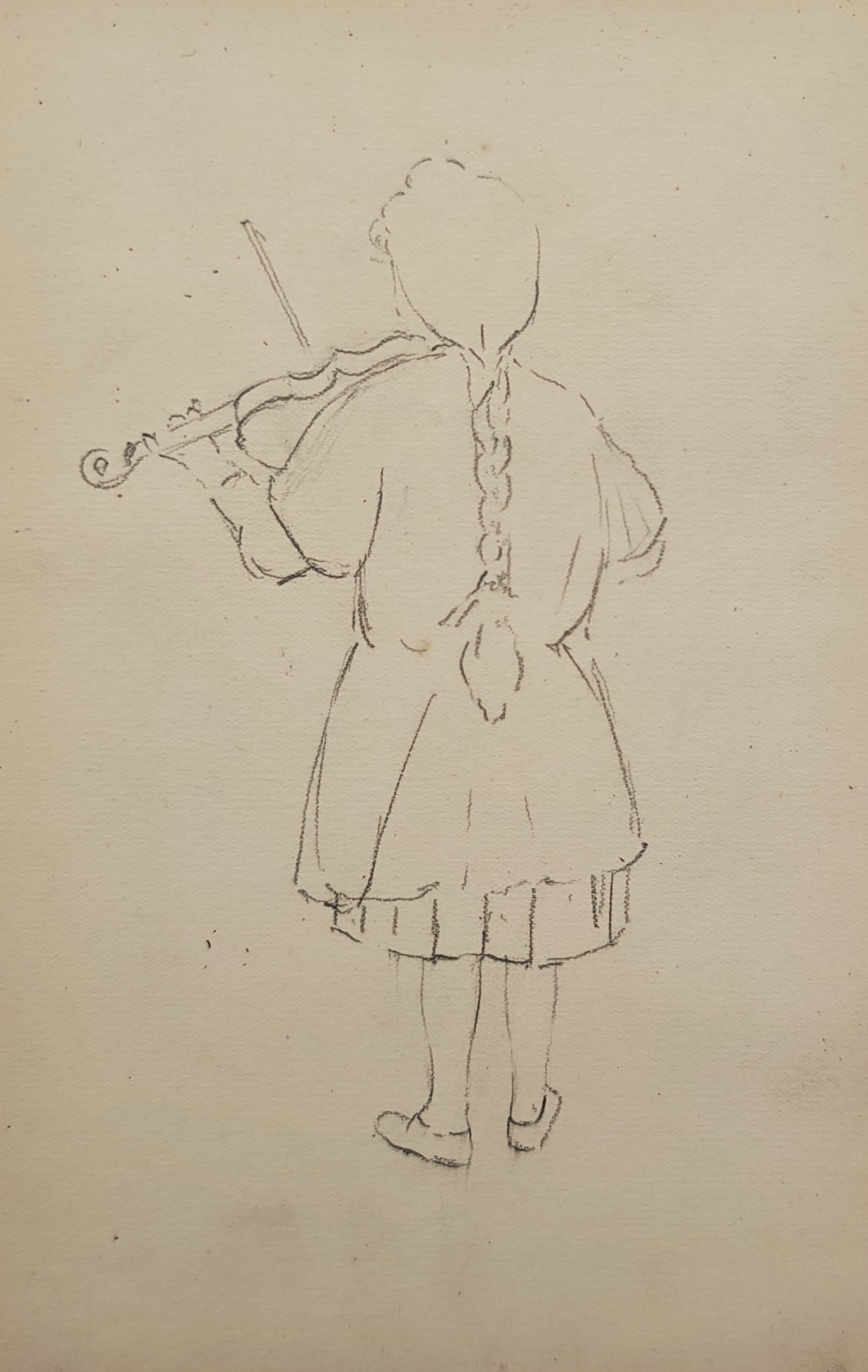 Unknown Artist – Sketch of a Girl Playing the Violin – Drawing (20th Century): "Sketch of a Girl Playing the Violin" illustrates a young figure with a long braided hairstyle viewed from behind as she practices her stringed musical instrument. The delicate figural study captures 