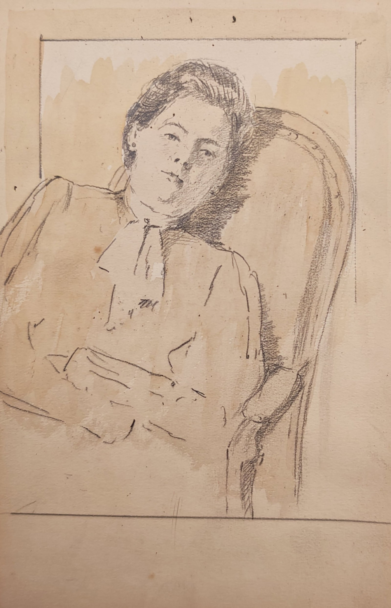Unknown Artist – Portrait Study of a Seated Woman – Drawing (20th Century): "Portrait Study of a Seated Woman" illustrates a seated female figure resting in an upholstered armchair with an expressive gaze and tied neckwear. The intimate portrait study captures domestic leisur