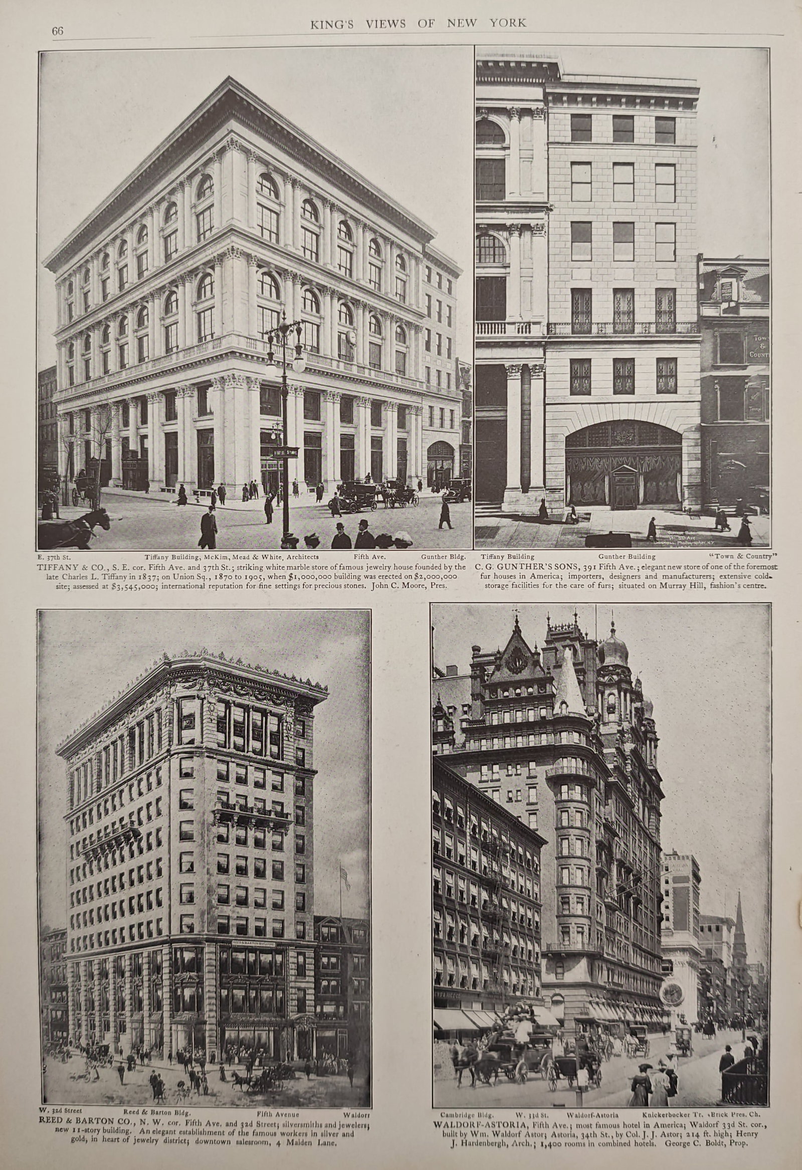 Moses King – Architectural Views of Fifth Avenue Commercial Landmarks – Lithograph: "King's Views of New York" illustrates historic Manhattan streetscapes featuring prominent architectural landmarks including the Tiffany and Company building, C. G. Gunther's Sons store, the Reed and 