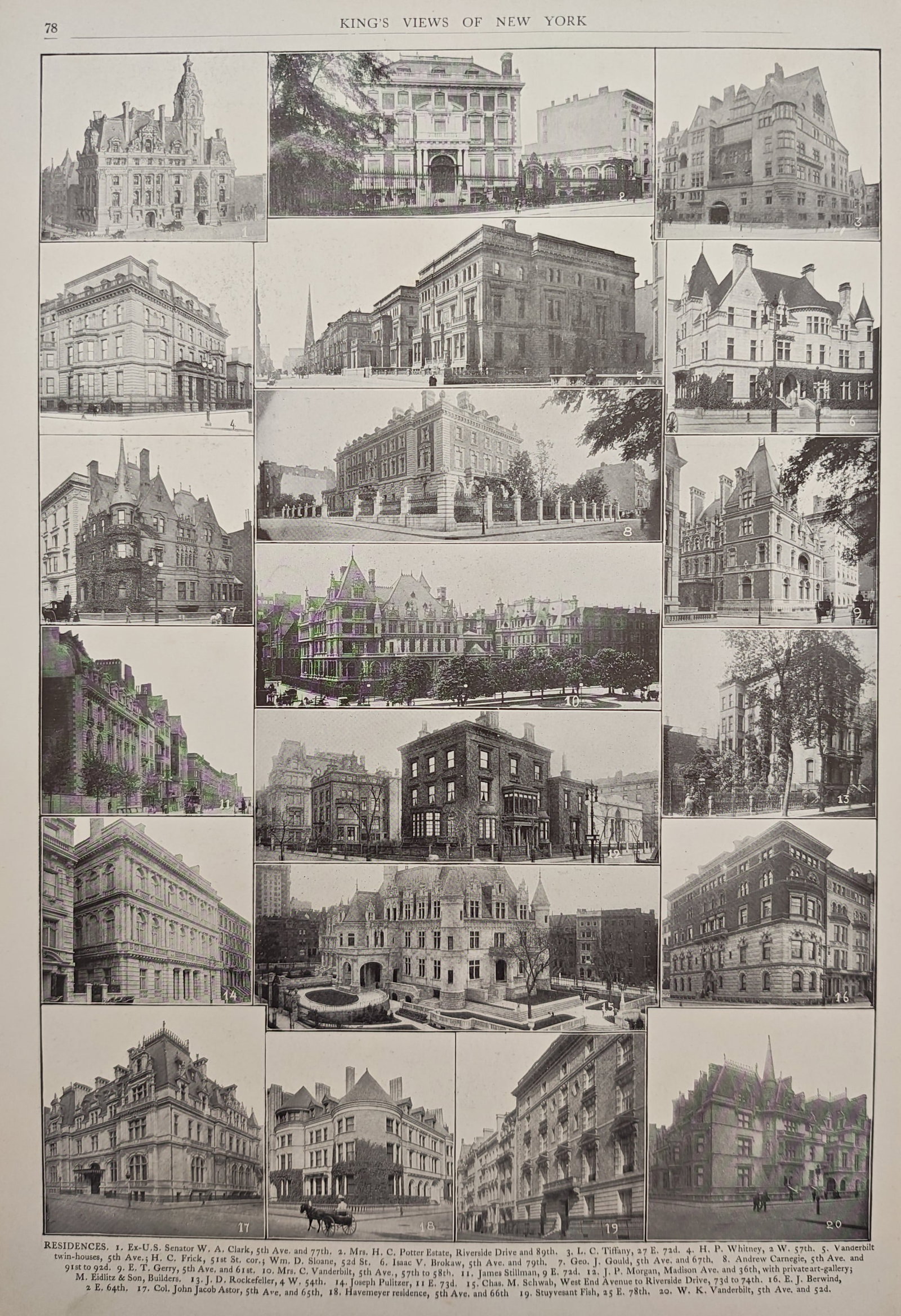 Moses King – Prominent Residences of New York – Lithograph (20th Century): "Residences" illustrates a compendium of historic Manhattan mansions and grand townhouses belonging to prominent Gilded Age figures across Fifth Avenue and Riverside Drive. Published in Moses King's a