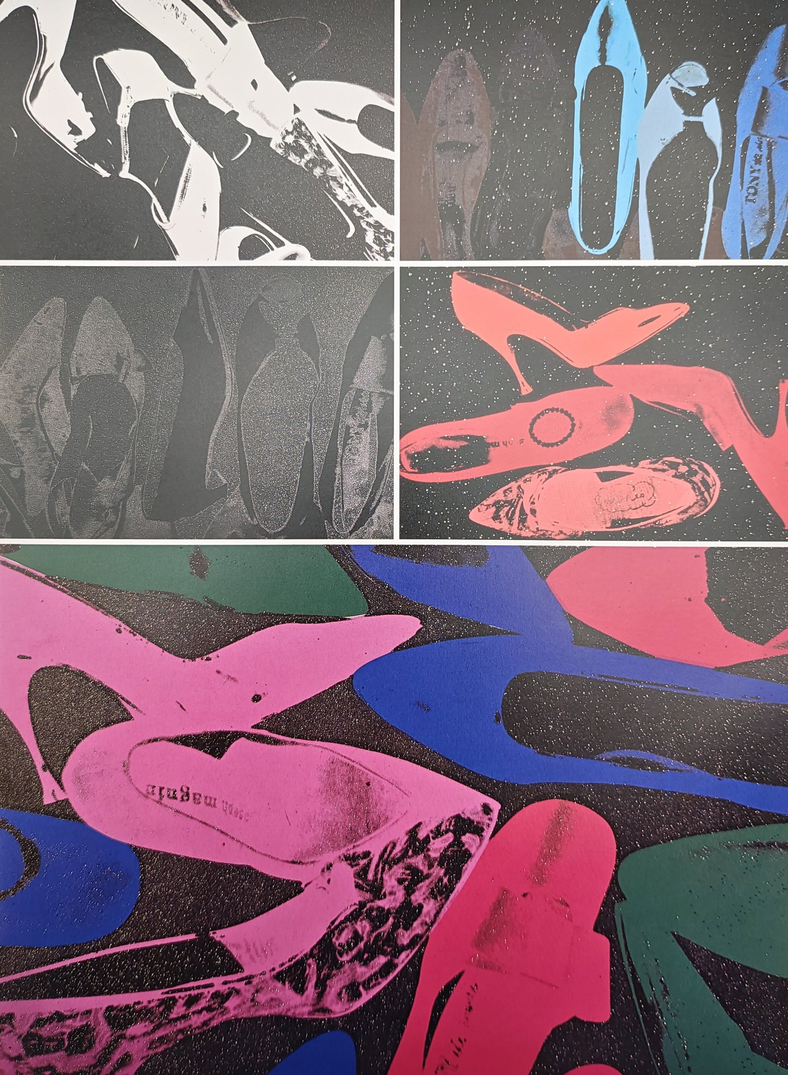 Andy Warhol,after – Diamond Dust Shoes – Offset print (20th Century): "Diamond Dust Shoes" illustrates a pop art composition featuring assorted women's high heels and footwear rendered across multiple monochrome and vibrant color variations. The glamorous study explores