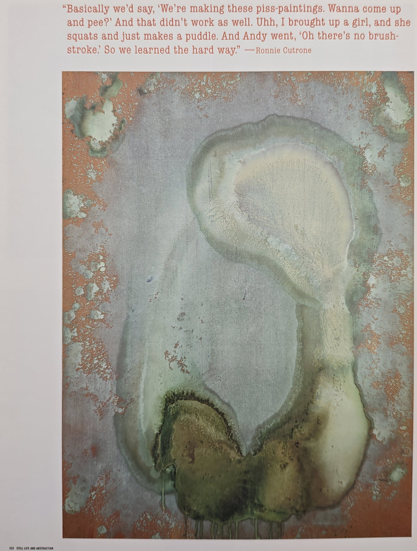Andy Warhol,after – Oxidation Painting – Offset print (20th Century): "Oxidation Painting" illustrates an abstract composition showcasing fluid, organic forms and chemical patinas created across metallic copper pigment. Accompanied by a printed quote from Ronnie Cutrone