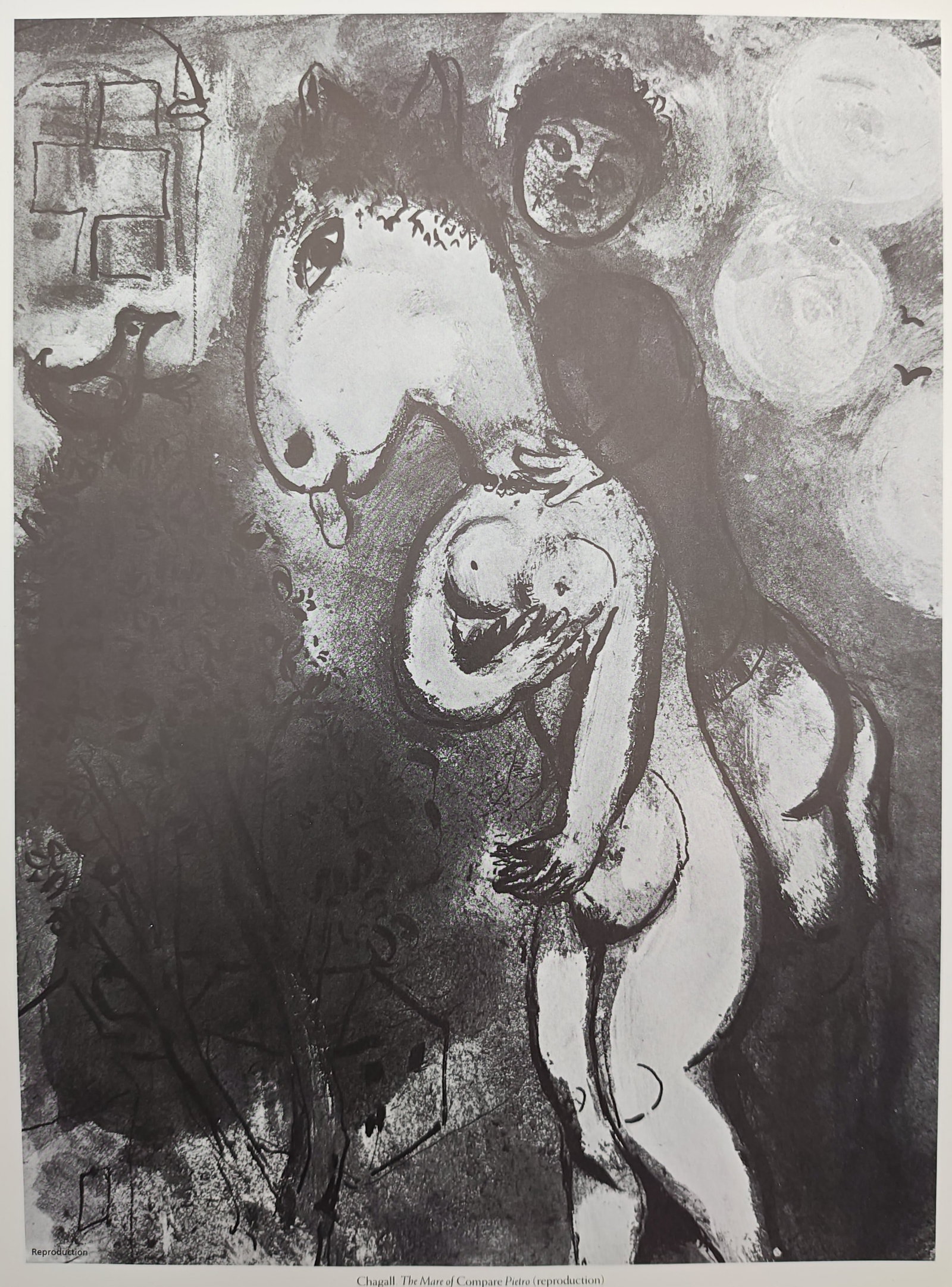 Marc Chagall,after – The Mare of Compare Pietro – Offset print (20th Century): "The Mare of Compare Pietro" illustrates a dreamlike surrealist composition depicting an anthropomorphic equine figure carrying a human companion across a nocturnal landscape. The expressive narrative