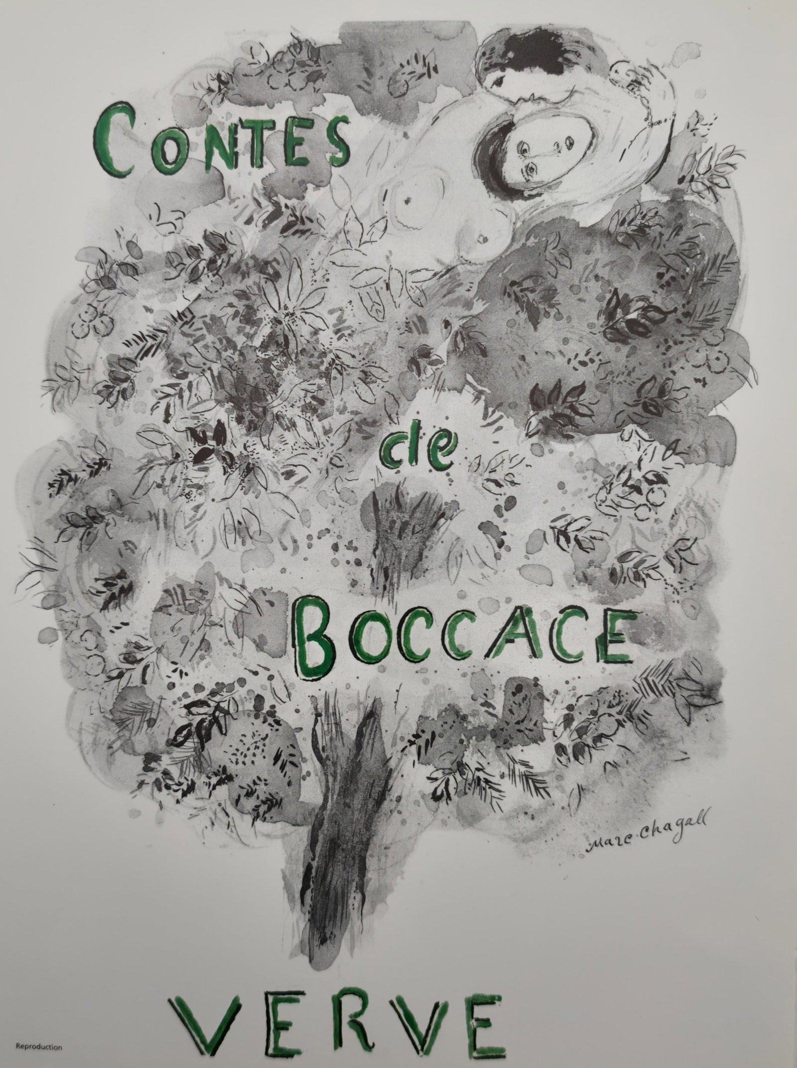 Marc Chagall,after – Tales of Boccaccio Cover Design for Verve – Offset print (20th Century): "Tales of Boccaccio" illustrates a lyrical cover design featuring embracing lovers reposing within the leafy canopy of a lush tree. The poetic composition highlights romantic motifs, literary illustra