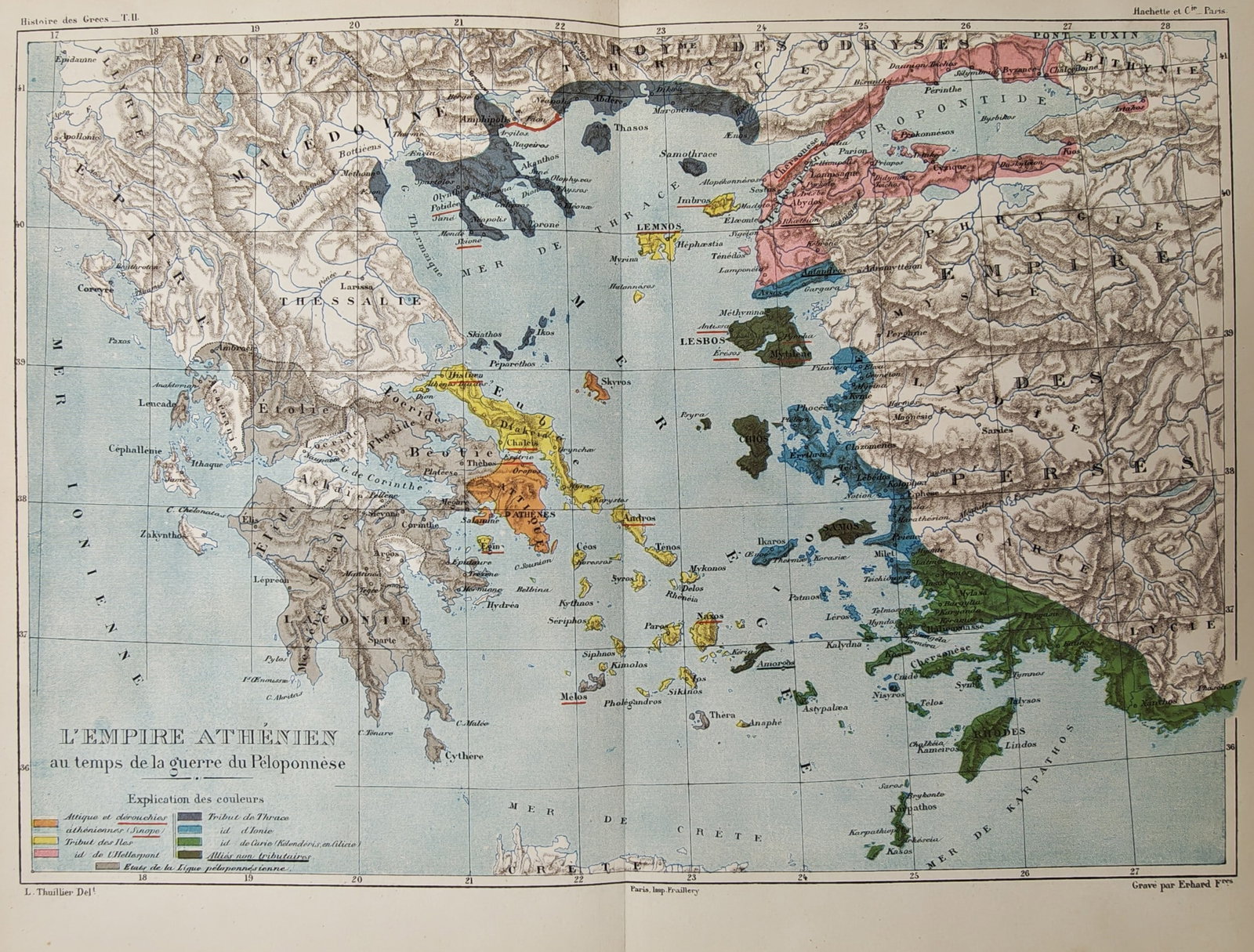 Louis Thuillier – Map of the Athenian Empire – Greece and the Aegean – Engraving (19th: "The Athenian Empire at the Time of the Peloponnesian War" illustrates a historical cartographic study delineating the maritime territories, allied city-states, and regional boundaries surrounding anc