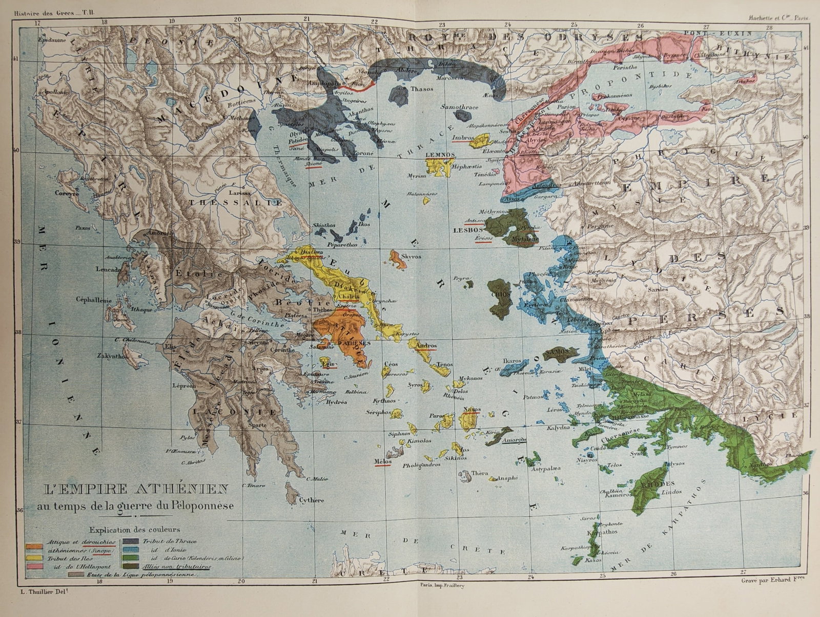 Louis Thuillier – Map of the Peloponnesian War and Delian League – Greece and the Aegean: "The Athenian Empire During the Peloponnesian War" illustrates a historical cartographic survey detailing the maritime territories, strategic naval routes, and allied city-states surrounding classical