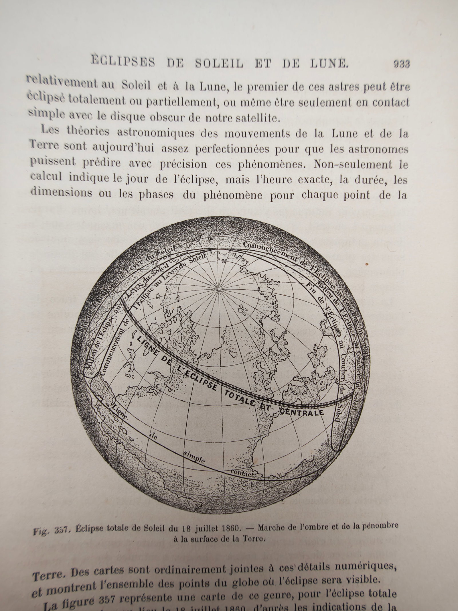 Amedee Guillemin – Global Path of the Total Solar Eclipse – Wood engraving (19th Century): "Eclipses of the Sun and Moon" illustrates an astronomical globe diagram delineating the projected trajectory of shadow and penumbra across the Earth during a total solar eclipse. The scientific engra
