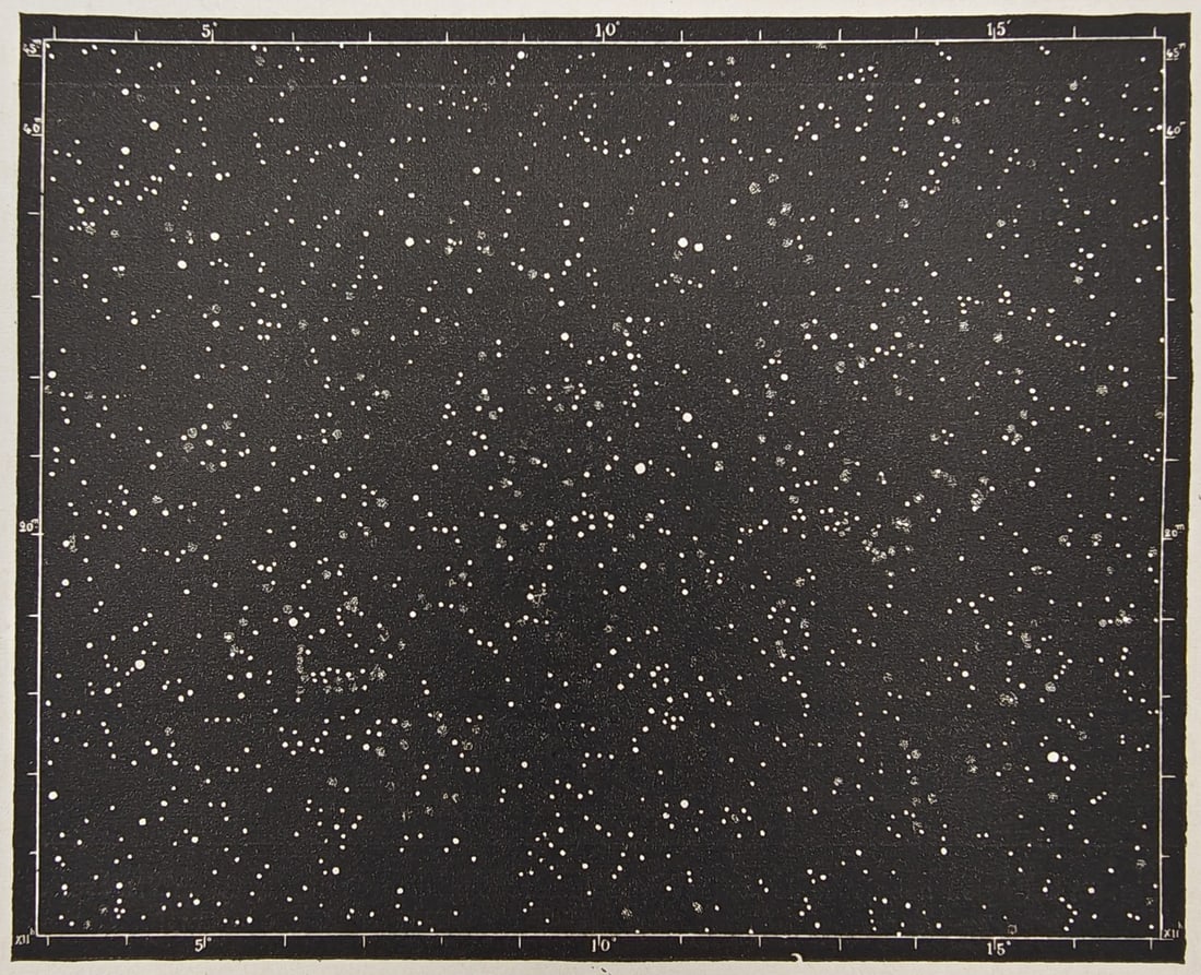Amédée Guillemin – Distribution of Stars and Nebular Region of Virgo – Wood engraving: "Distribution of Stars" illustrates an astronomical chart charting the dense concentration of stars and nebular clusters within the constellation of Virgo after studies by Richard Anthony Proctor. The
