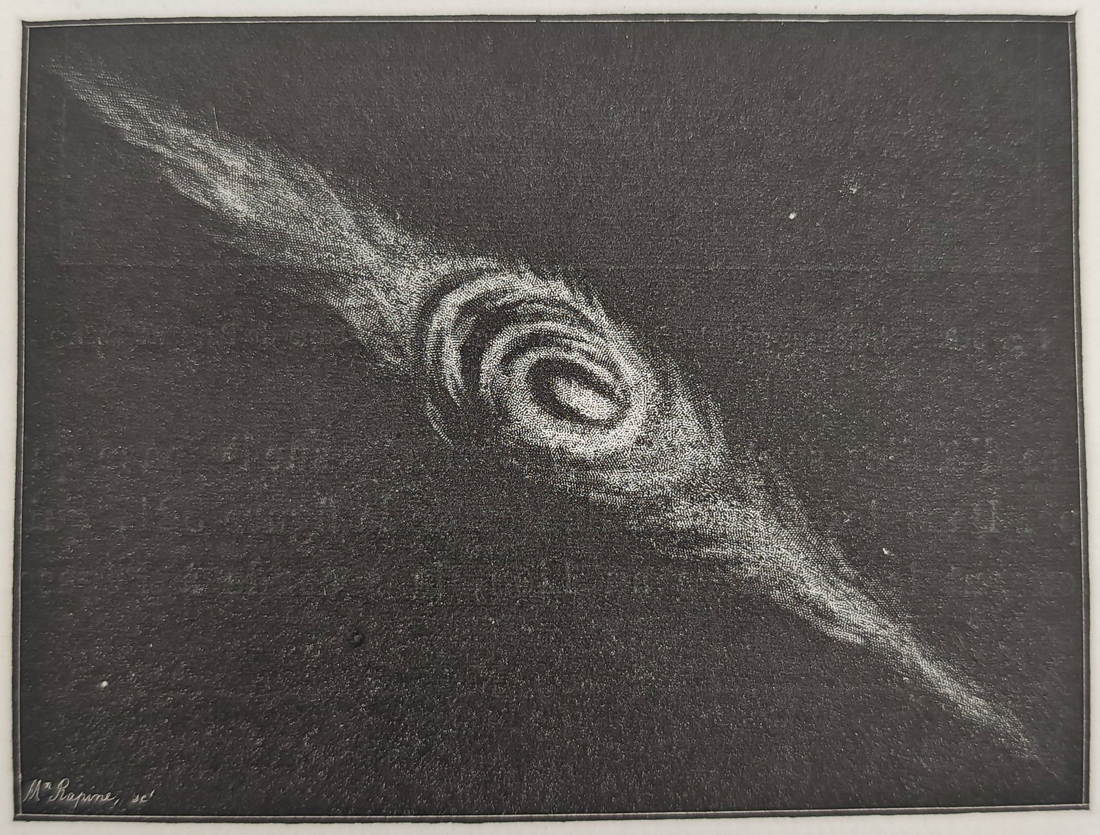 Amedee Guillemin – Spiral Nebula in the Constellation of Leo – Wood engraving (19th Century): "The Sidereal World" illustrates an astronomical observation of a spiral nebula in the constellation of Leo showcasing its concentric annular core and elongated luminous filaments after telescopic stu