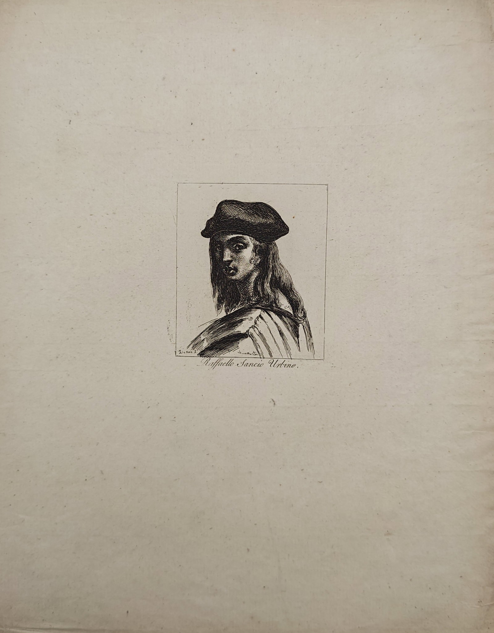 Baron Dominique Vivant Denon – Portrait of Raphael – Etching (19th Century): "Raffaello Sancio Urbino" illustrates a finely etched portrait depicting the renowned Italian High Renaissance master Raphael rendered in three-quarter view wearing a classic beret and cloak. The deli