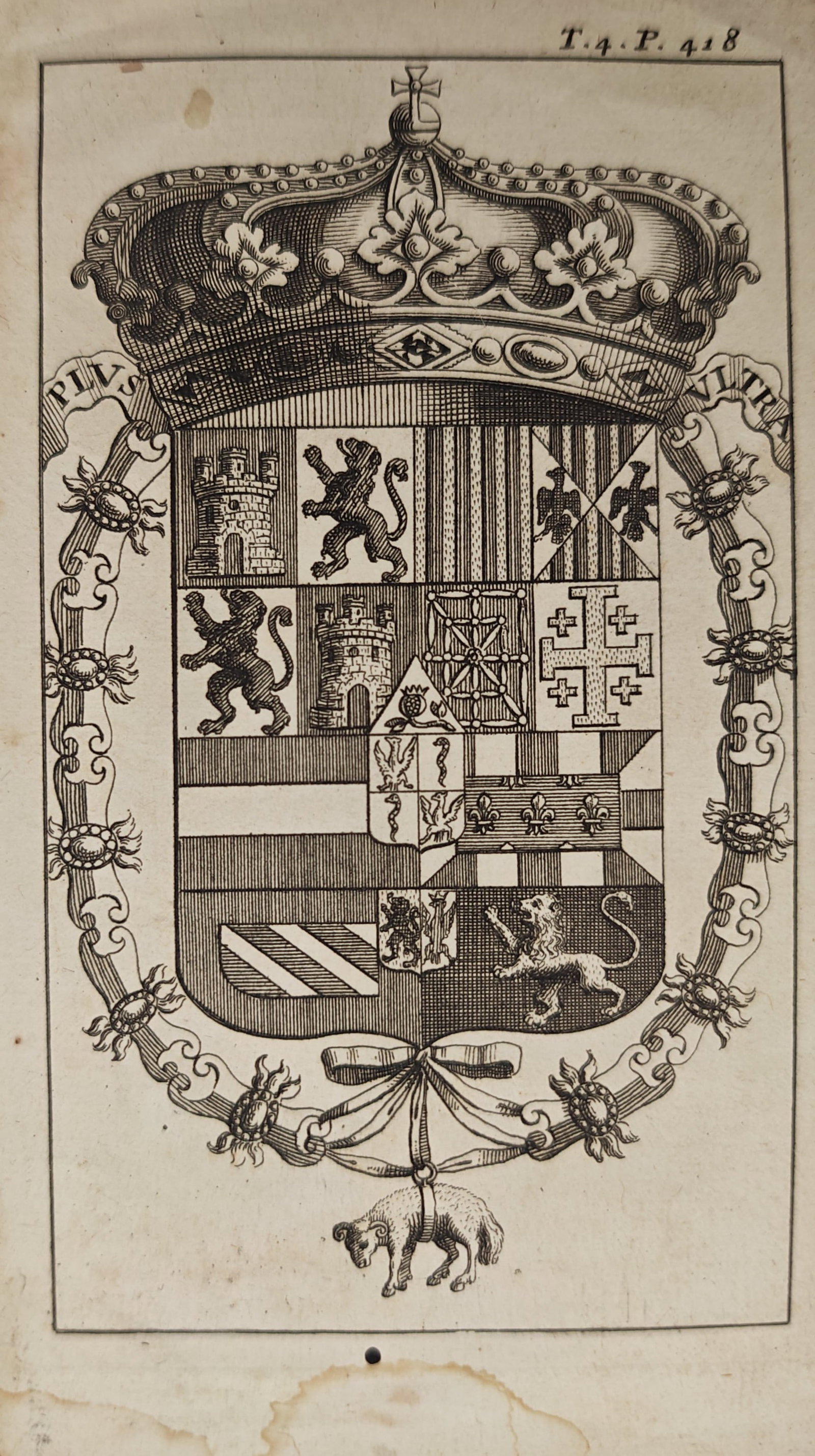 Unknown Artist – Royal Coat of Arms of the Spanish Monarchy – Engraving (18th Century): "Royal Coat of Arms of Spain" illustrates an intricate heraldic emblem surmounted by a royal crown and encircled by the collar of the Order of the Golden Fleece alongside the motto Plus Ultra. The cla