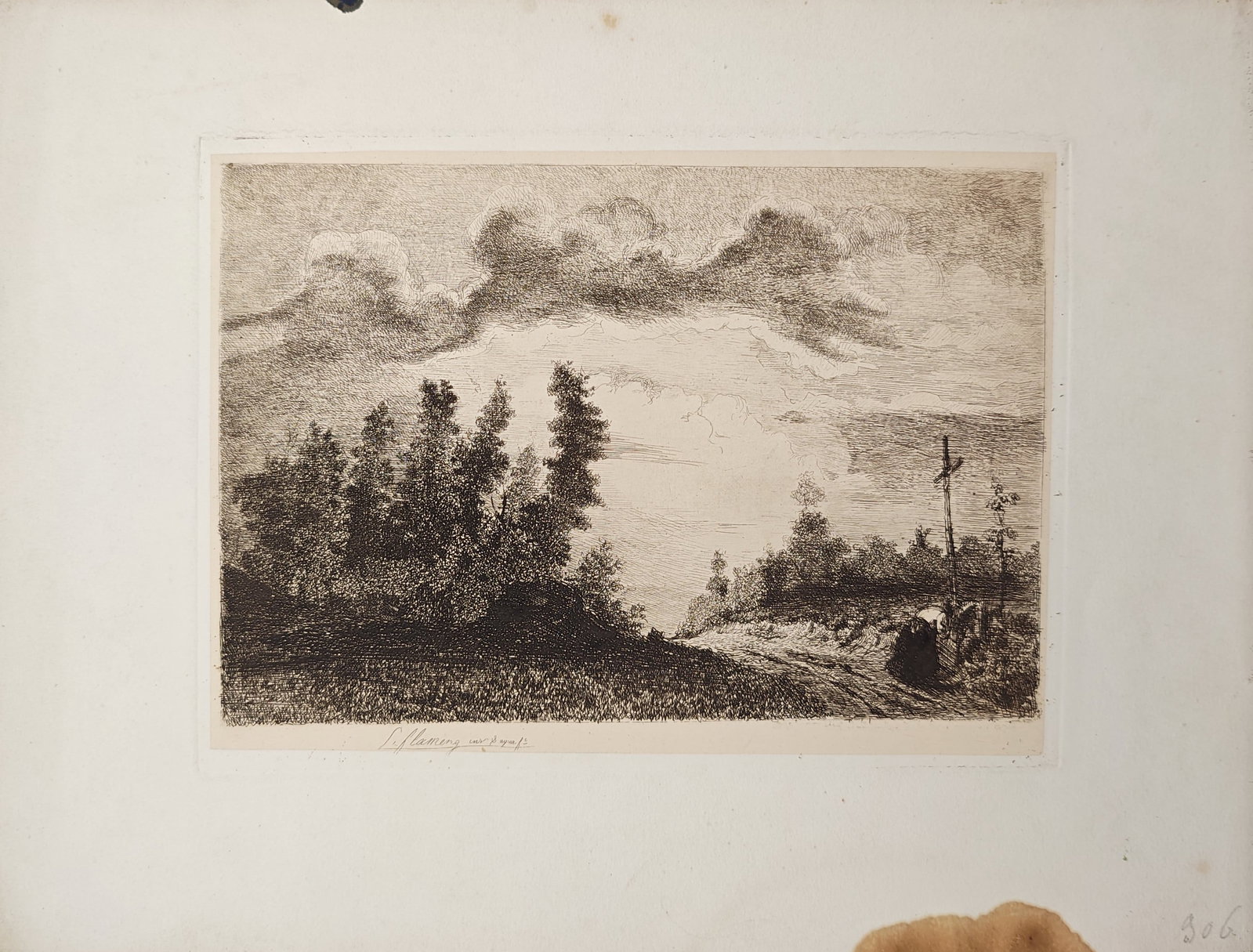 Leopold Flameng – Rural Landscape with Wayside Cross – Etching (19th Century) (1 of 2)