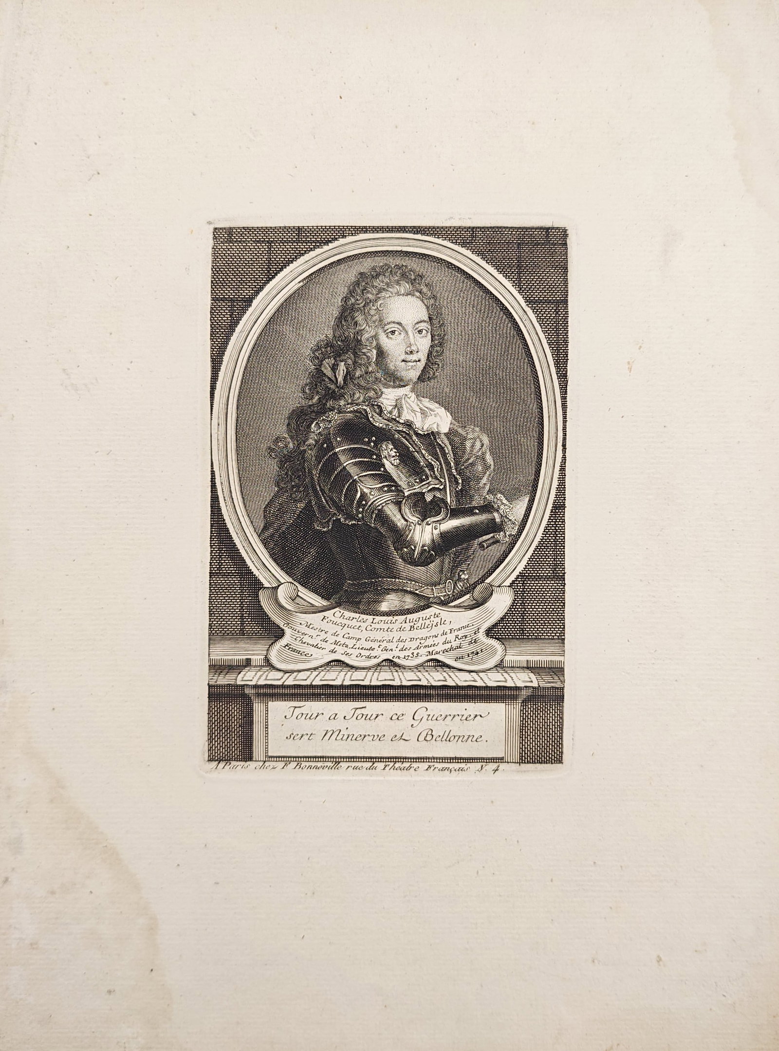 Pierre Bonneville – Portrait of Charles Louis Auguste Fouquet, Count of Belle-Isle – Engraving: "Charles Louis Auguste Fouquet, Comte de Belle-Isle" illustrates a formal portrait depicting the French military commander and statesman clad in cuirass armor set within an oval architectural surround