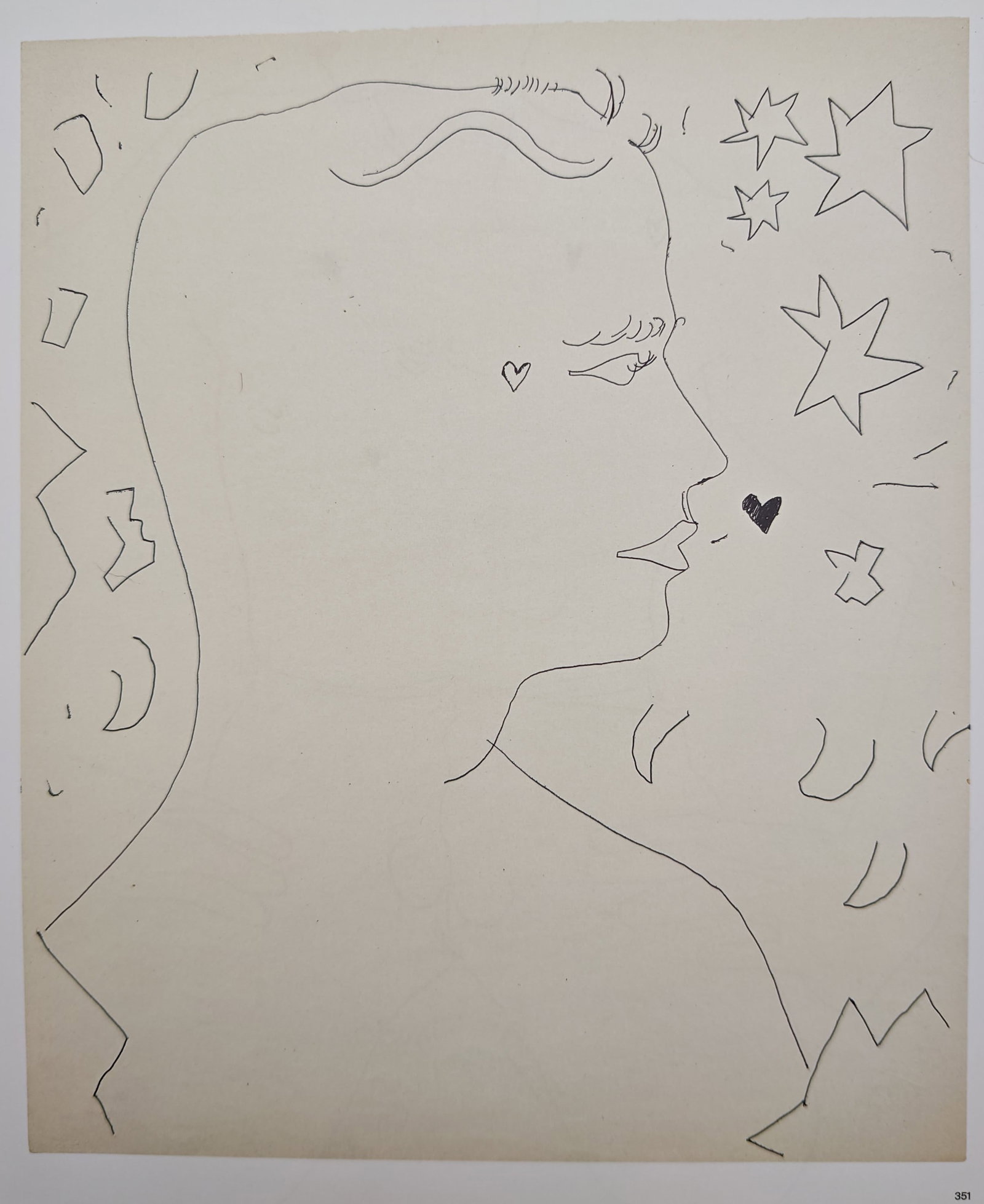 Andy Warhol,after – Head of a Boy with Stars and Hearts – Offset lithographic reproduction: "Head of a Boy with Stars and Hearts" illustrates a whimsical linear portrait depicting a youth in profile surrounded by floating celestial stars and small heart motifs. Published by Phaidon in the 20