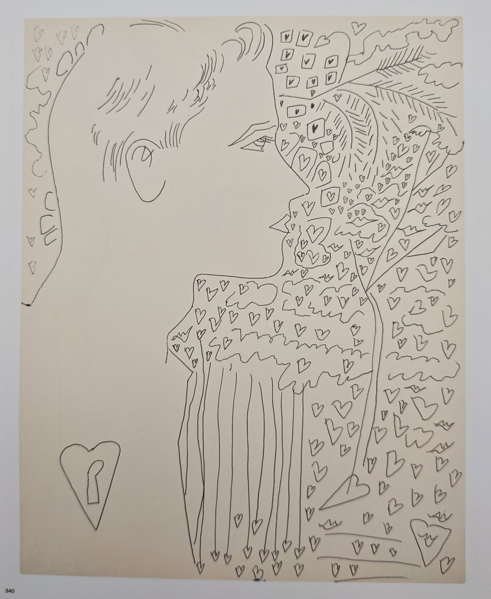 Andy Warhol,after – Profile of a Young Man with Cascading Hearts – Offset lithographic: "Profile of a Young Man with Cascading Hearts" illustrates a whimsical linear study portraying a youth in profile immersed in a decorative cascade of drifting hearts, arrows, and romantic motifs. Publ