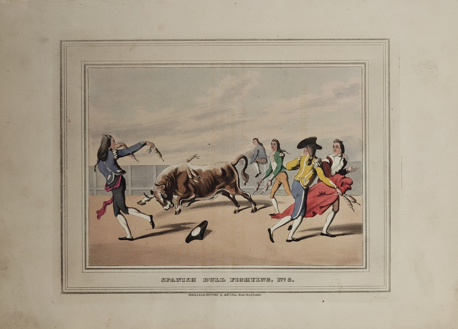 Samuel Howitt – Spanish Bull Fighting – Aquatint (1813): "Spanish Bull Fighting" presents a dynamic sporting scene depicting toreros and matadors confronting a charging bull within an open arena. The work was published in London by Edward Orme as part of an