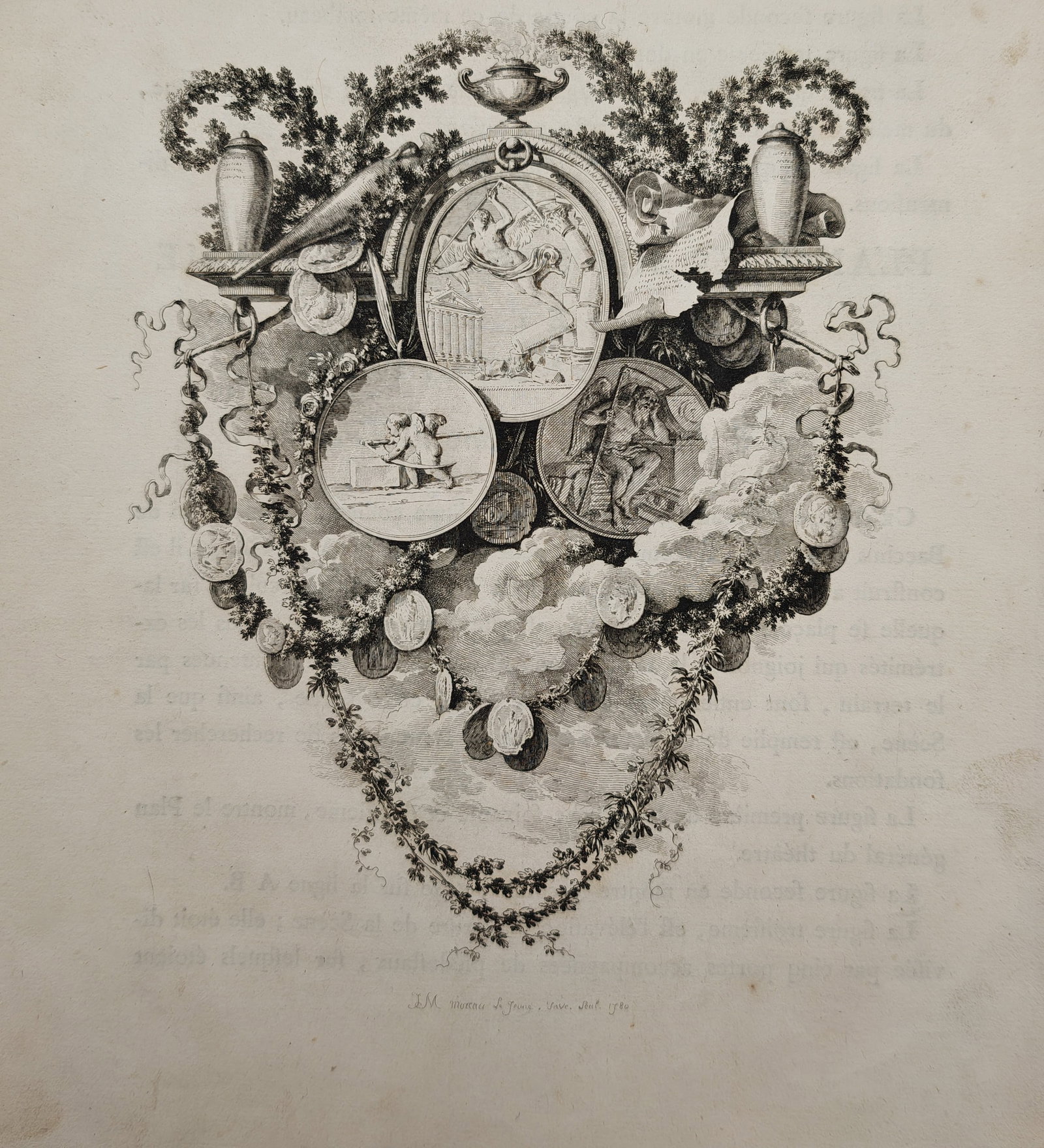 Jean-Michel Moreau the Younger – Allegorical Cul-de-Lampe with Classical Medallions – Engraving: "Allegorical Cul-de-Lampe with Classical Medallions" presents an ornamental composition featuring classical medallions depicting ancient monuments, draped garlands, and antique urns surrounded by clou
