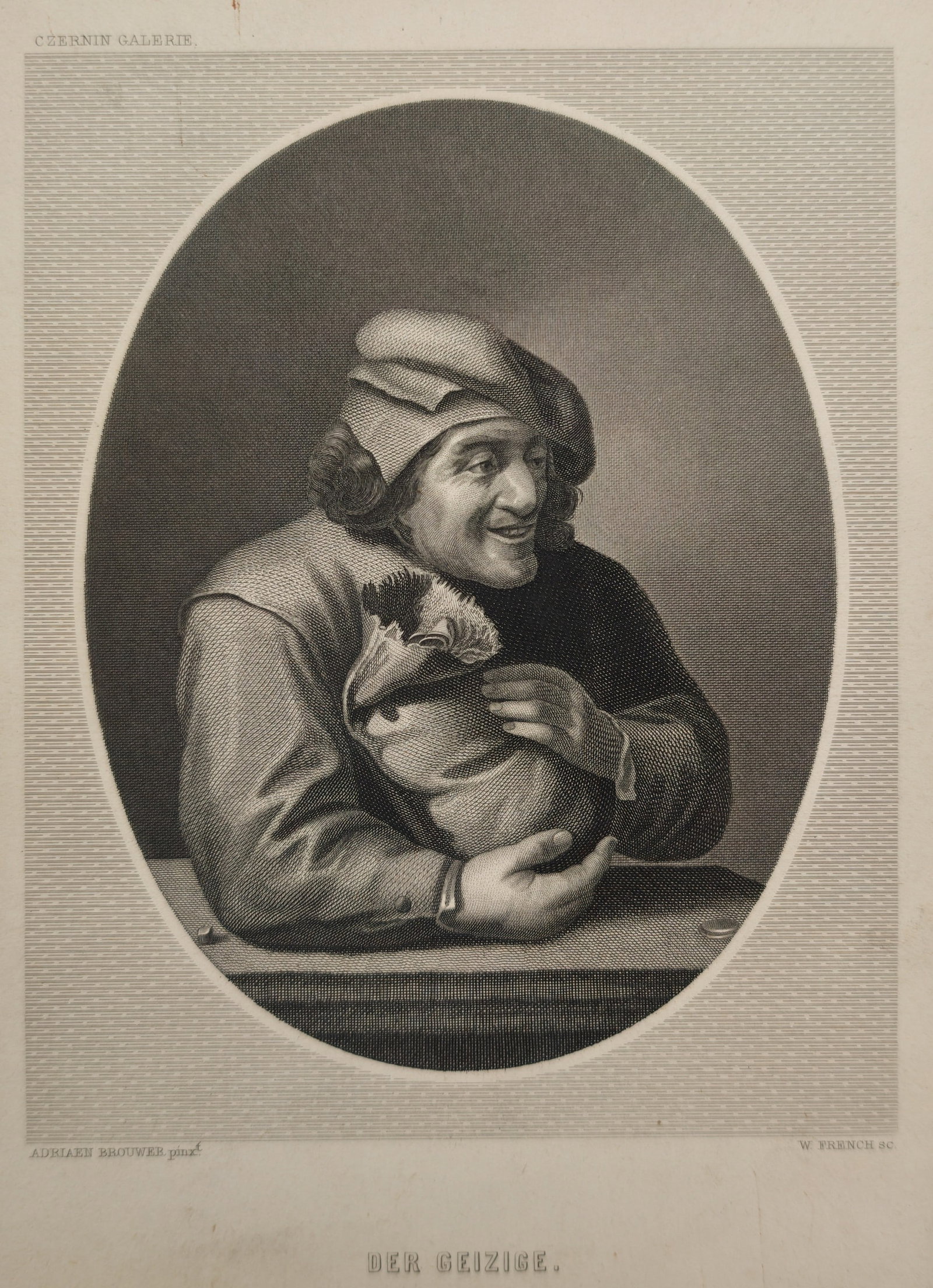 Adriaen Brouwer – The Miser – Engraving (19th Century): "The Miser" presents an expressive character study portraying a smiling man in a soft cap clutching a money bag securely against his chest within an oval border. The work was published in the nineteen