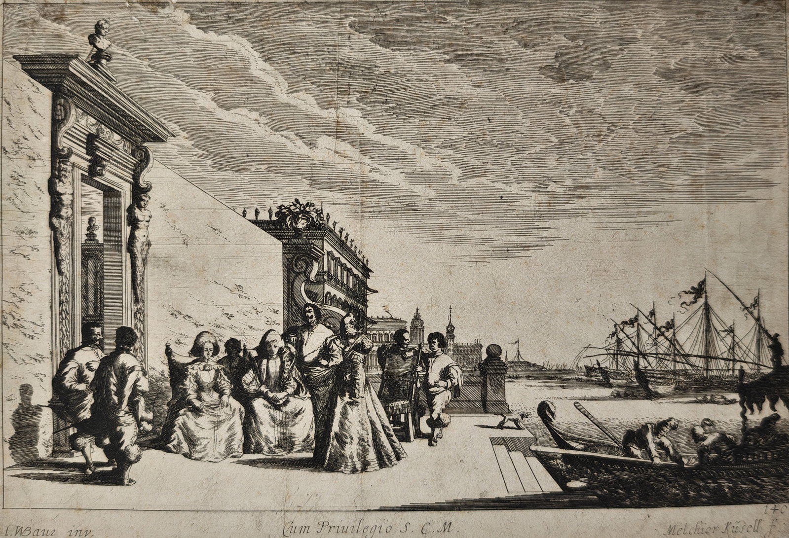 Melchior Küsel – Figures on an Italianate Palace Terrace Overlooking a Harbour – Etching: "Figures on an Italianate Palace Terrace Overlooking a Harbour" presents a coastal genre scene depicting elegantly attired figures conversing on a grand architectural terrace overlooking a busy port f