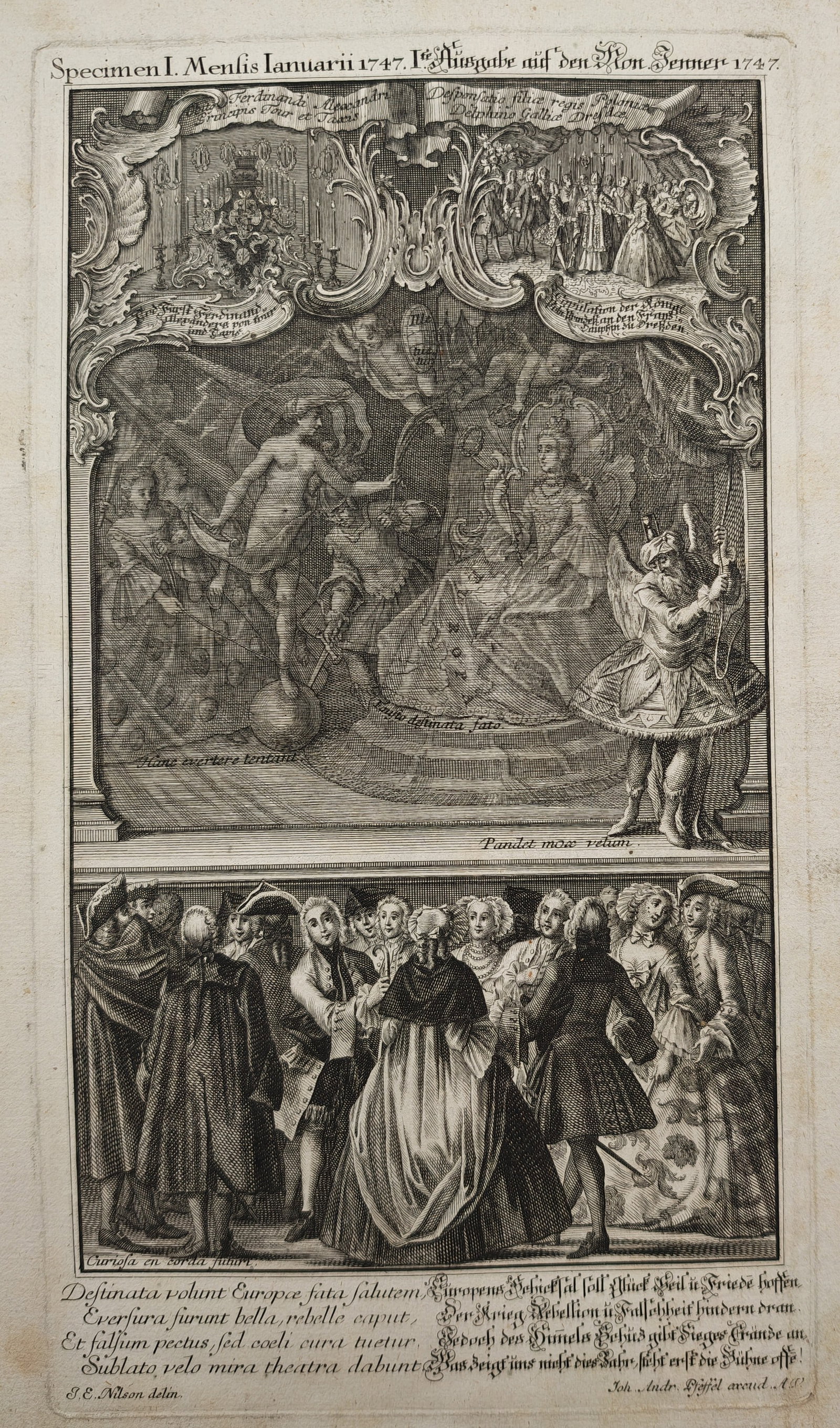 Johannes Esaias Nilson – Allegorical Scene for the Month of January 1747 – Engraving (1747): "Specimen I. Month of January 1747" presents an allegorical and theatrical composition combining mythological figures, historical scenes in ornate rococo scrollwork frames, and a gathering of contempo