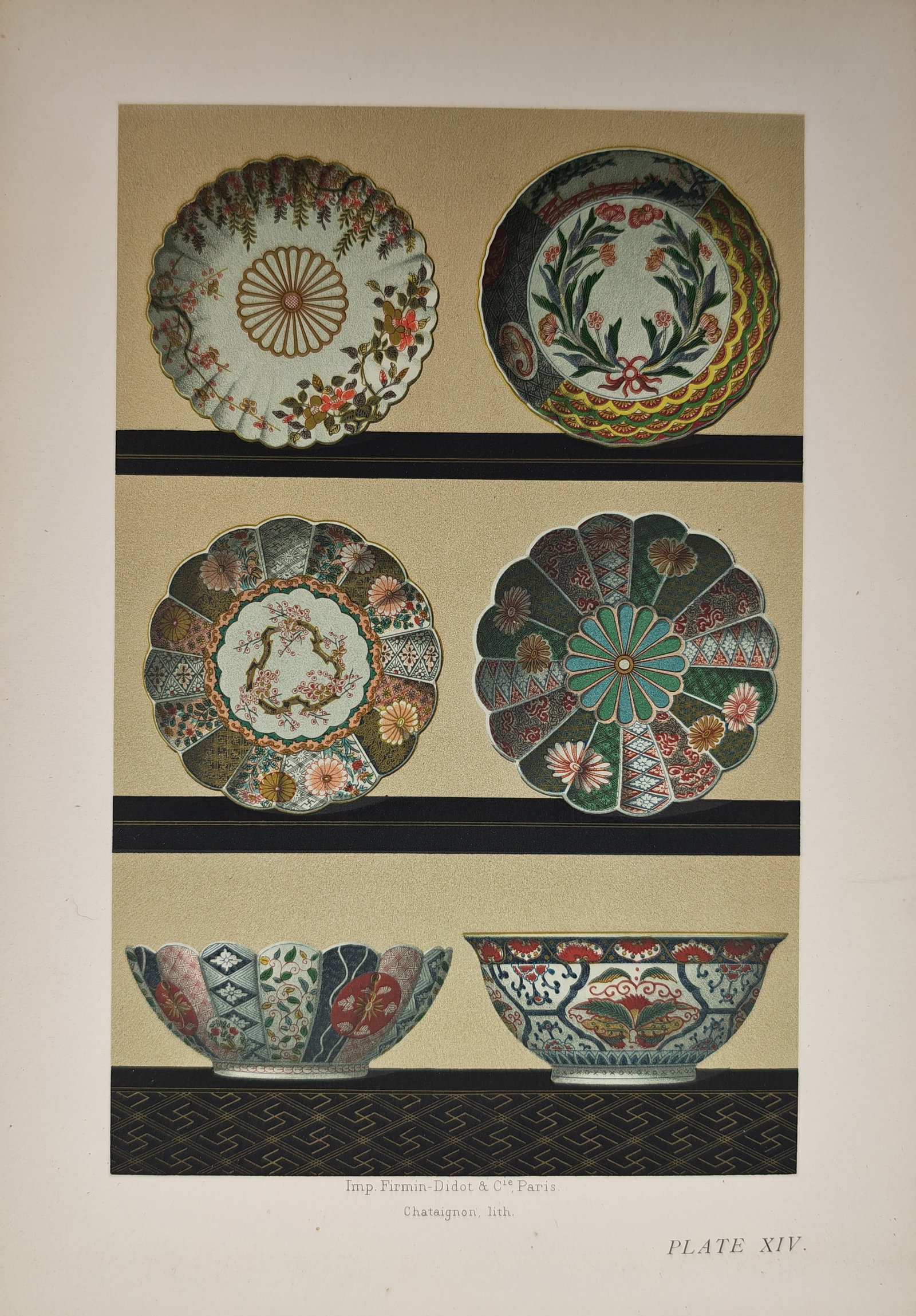George Ashdown Audsley – Japanese Ornamental Porcelain Bowls and Saucers – Lithograph: "Japanese Ornamental Porcelain Bowls and Saucers" presents a decorative arts study showcasing scalloped ceramic saucers and decorated footed bowls adorned with traditional floral patterns, radiating p