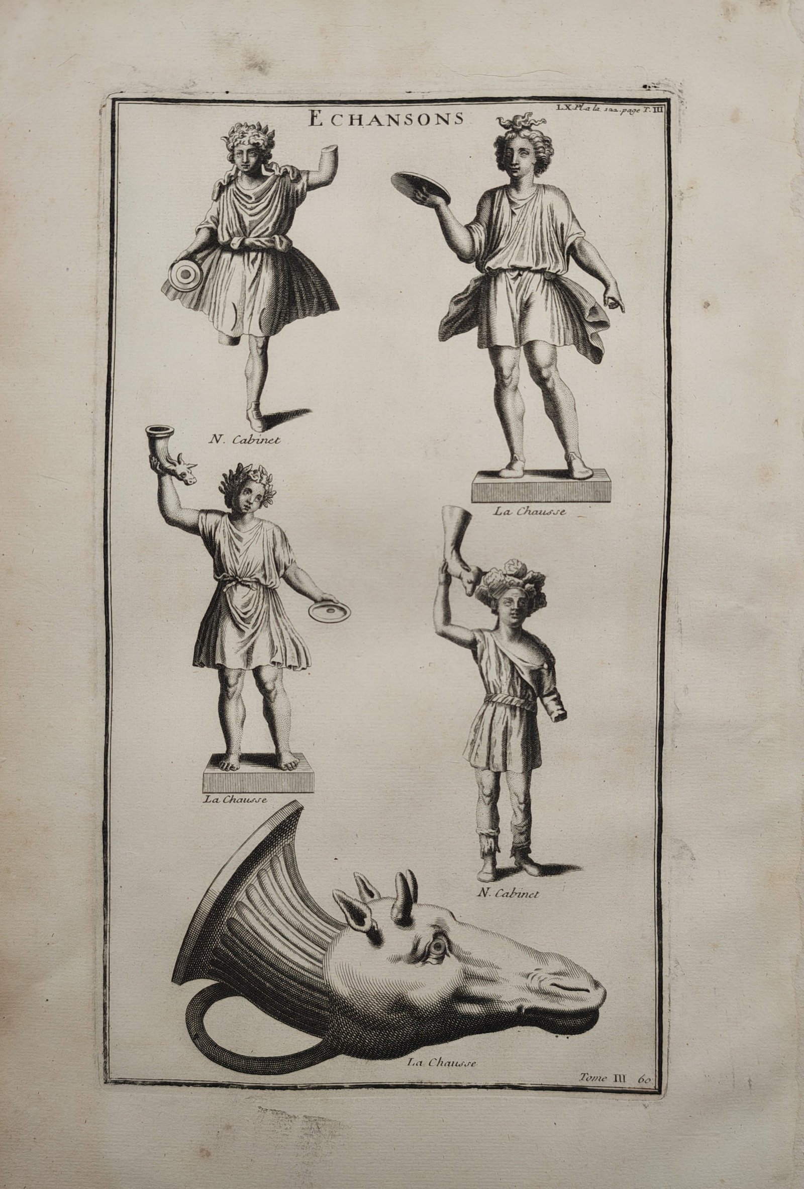 Bernard de Montfaucon – Cupbearers and Classical Rhyton – Engraving (18th Century): "Cupbearers" presents an archaeological study illustrating classical statuettes of cupbearers holding sacrificial dishes and drinking horns, alongside an antique rhyton vessel sculpted in the form of 