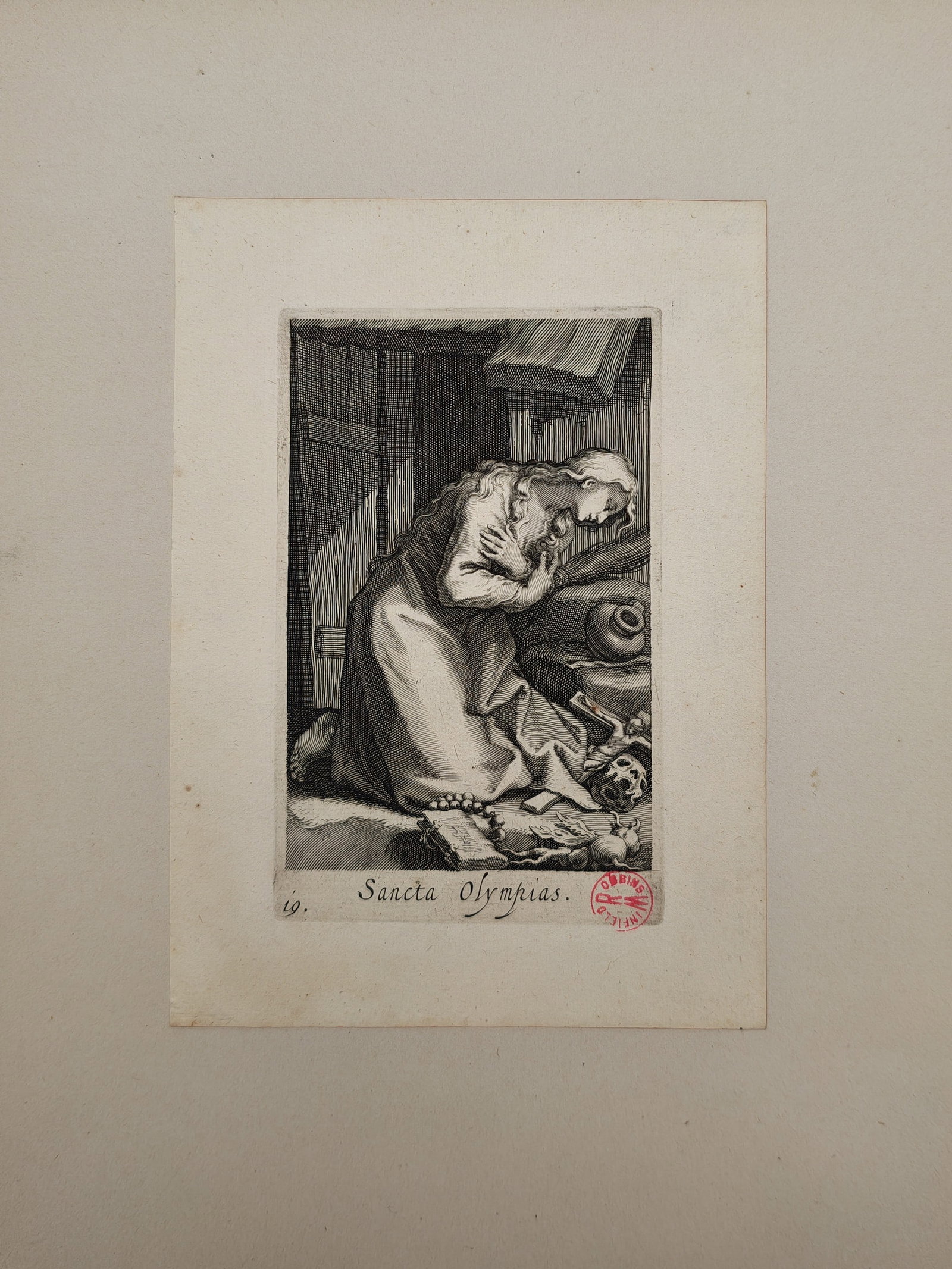 Boëtius Adamsz. Bolswert – Saint Olympias in Prayer – Engraving (17th Century): "Saint Olympias" presents a devotional composition depicting the Christian deaconess kneeling in solitary prayer and ascetic contemplation within a modest interior. The work was published in the seven