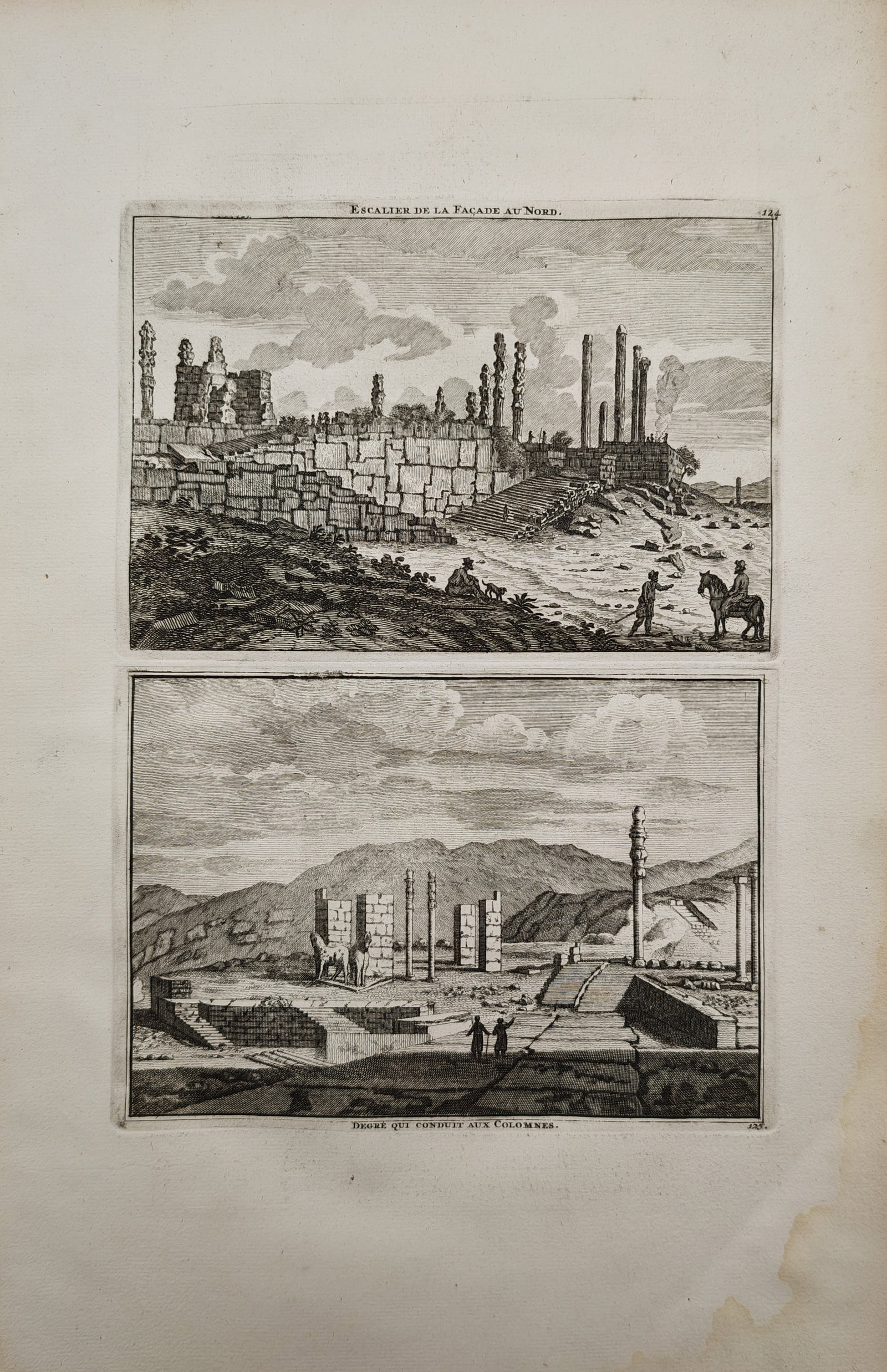 Cornelis de Bruyn – Architectural Views of Persepolis Ruins and Grand Staircases – Engraving: "Staircase of the Northern Facade, Steps Leading to the Columns" presents an archaeological and topographical study depicting the monumental stone staircases, standing colonnades, and sculptural remna