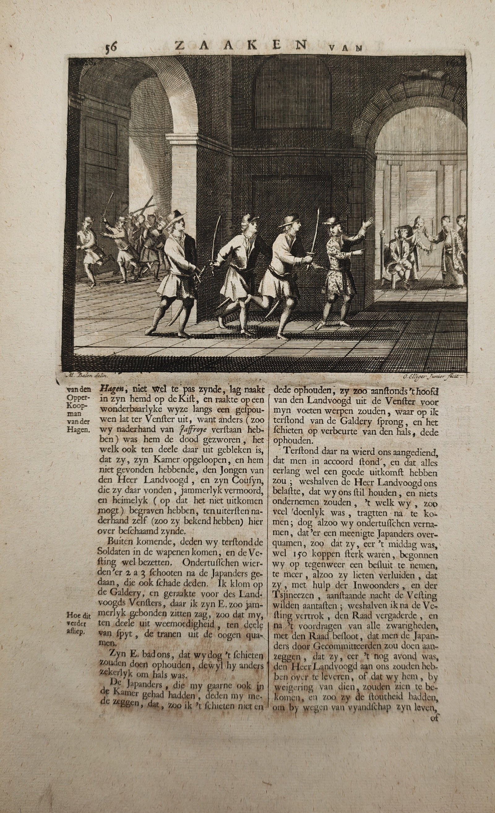 François Valentijn – Historical Narrative Scene of Colonial Affairs in the East Indies –: "Affairs of the East Indies" presents a historical book illustration depicting armed European and local figures navigating a colonnaded courtyard during colonial conflicts in the East Indies, accompan