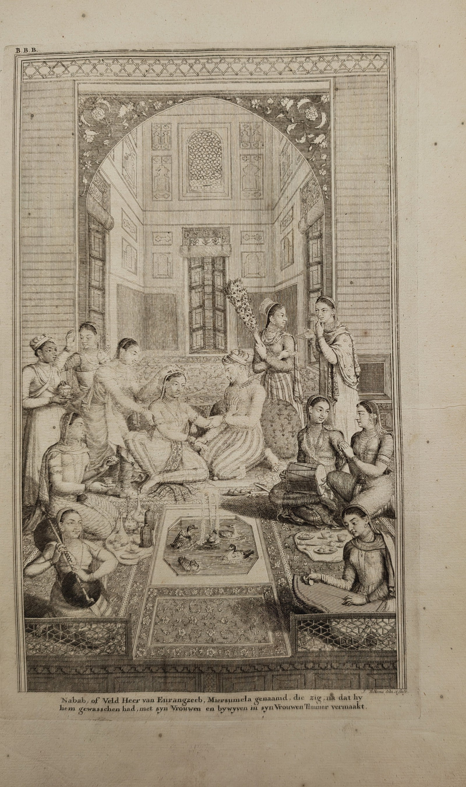 François Valentijn – Mughal Commander in the Women's Quarters – Engraving (18th Century): "Nawab, or Field Commander of Aurangzeb, Entertaining with His Wives and Concubines" presents an orientalist interior scene depicting a Mughal general surrounded by attendants, musicians, and female c
