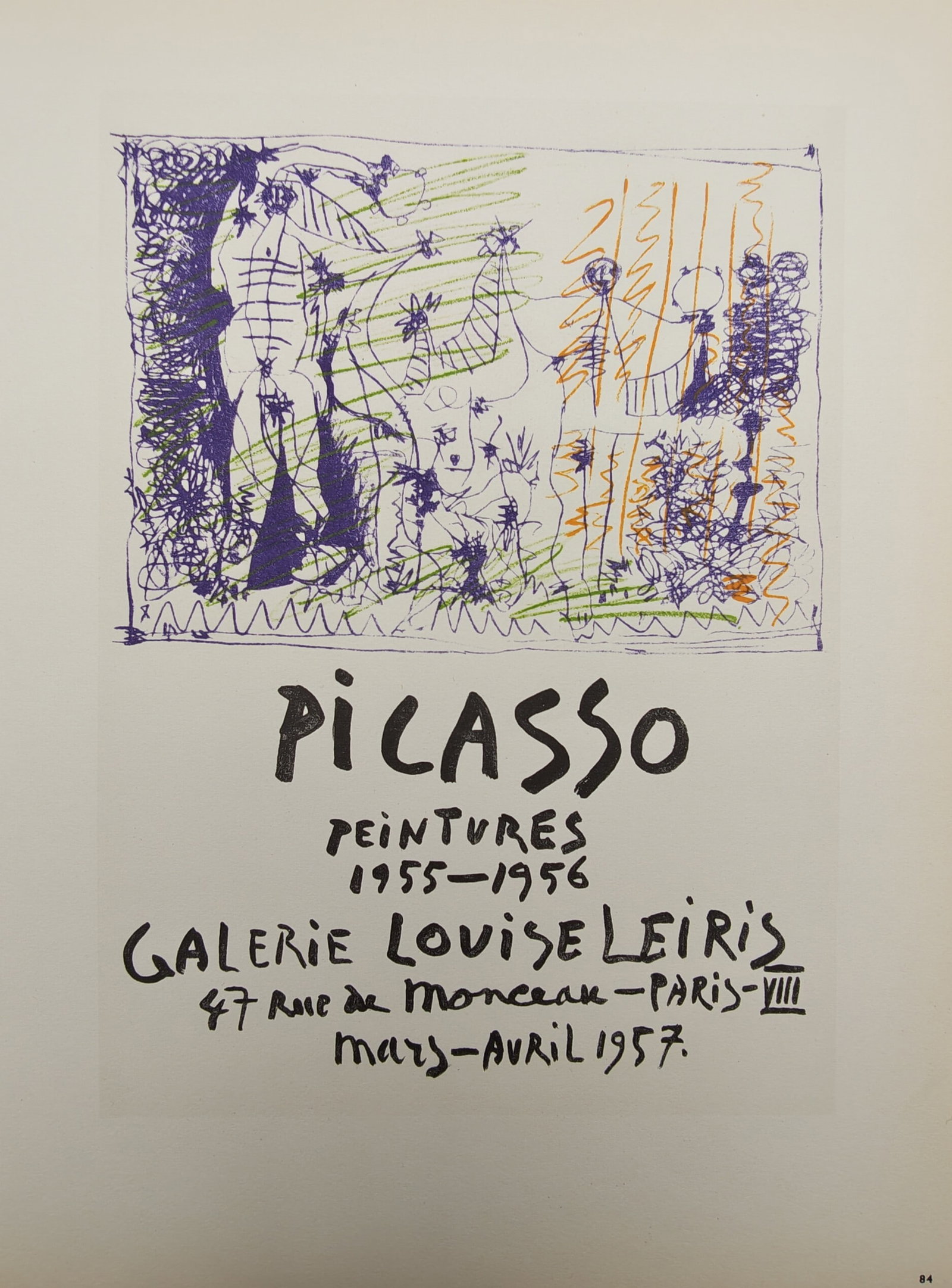 Pablo Picasso,after – Exhibition Poster for Galerie Louise Leiris – Offset print (20th Century): "Picasso: Paintings 1955–1956, Galerie Louise Leiris" presents an expressive figurative and mythological composition created as an exhibition poster motif. The artwork features spontaneous linear dr