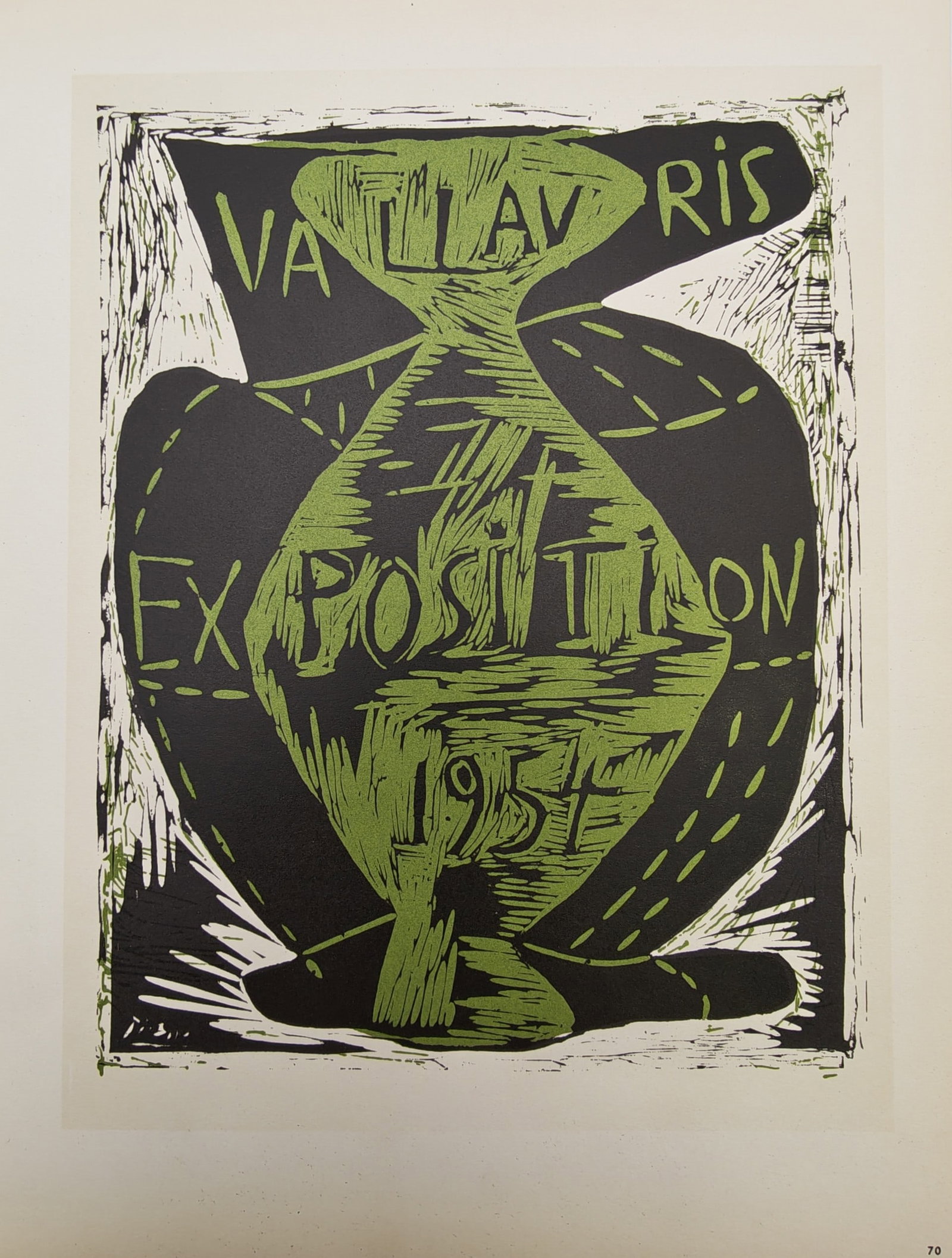 Pablo Picasso,after – Vallauris Exhibition Poster with Ceramic Vase – Offset print (20th: "Vallauris Exhibition 1954" presents a bold graphic composition centered on a stylized ceramic vessel motif rendered in contrasting green and black tones. The artwork incorporates dynamic linear text 