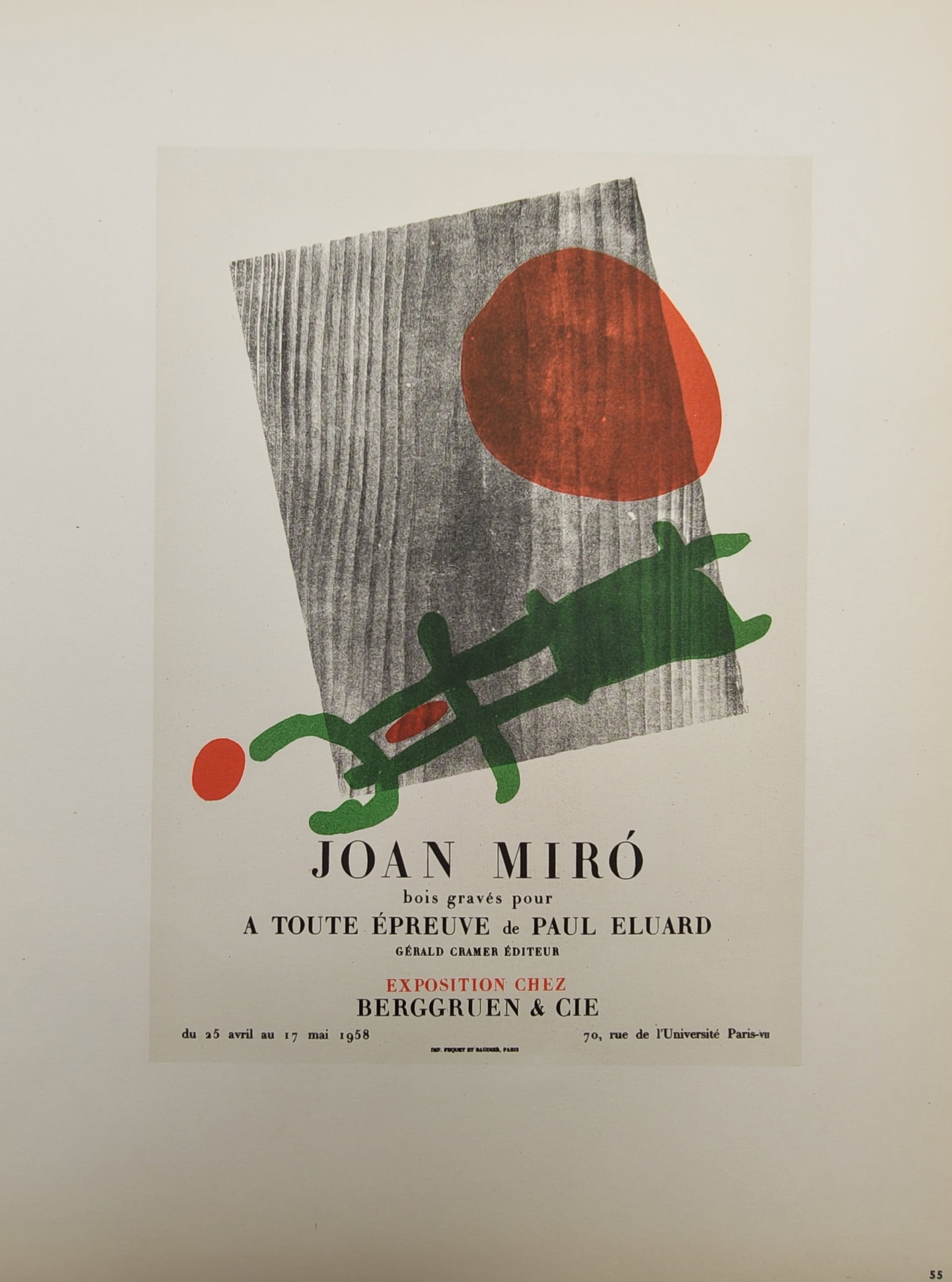 Joan Miro,after – Exhibition Poster for Berggruen and Company – Offset print (20th Century): "Joan Miro: Woodcuts for Ready for Any Test by Paul Eluard, Berggruen and Company Exhibition" presents an abstract graphic composition combining bold biomorphic shapes and vivid color accents over tex