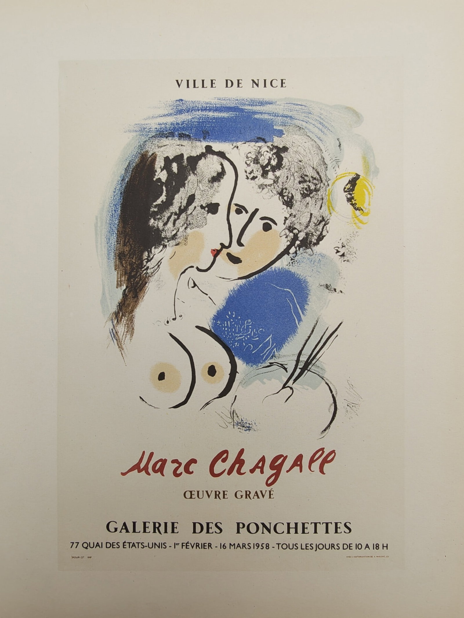Marc Chagal,afterl – Galerie des Ponchettes Exhibition Poster with Lovers – Offset print: "City of Nice, Marc Chagall: Engraved Work, Galerie des Ponchettes" presents a poetic figurative composition depicting an embracing couple alongside artist tools set against vibrant atmospheric washes