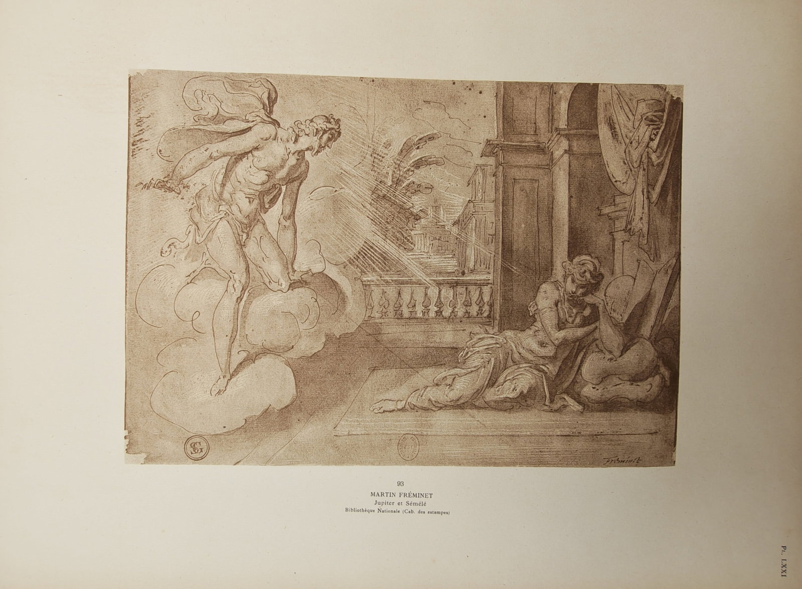 Martin Freminet – Jupiter and Semele – offset print (20th Century): "Jupiter and Semele" presents a classical mythological scene depicting the supreme Roman god descending upon clouds of celestial light before the reclining mortal princess. The composition captures th