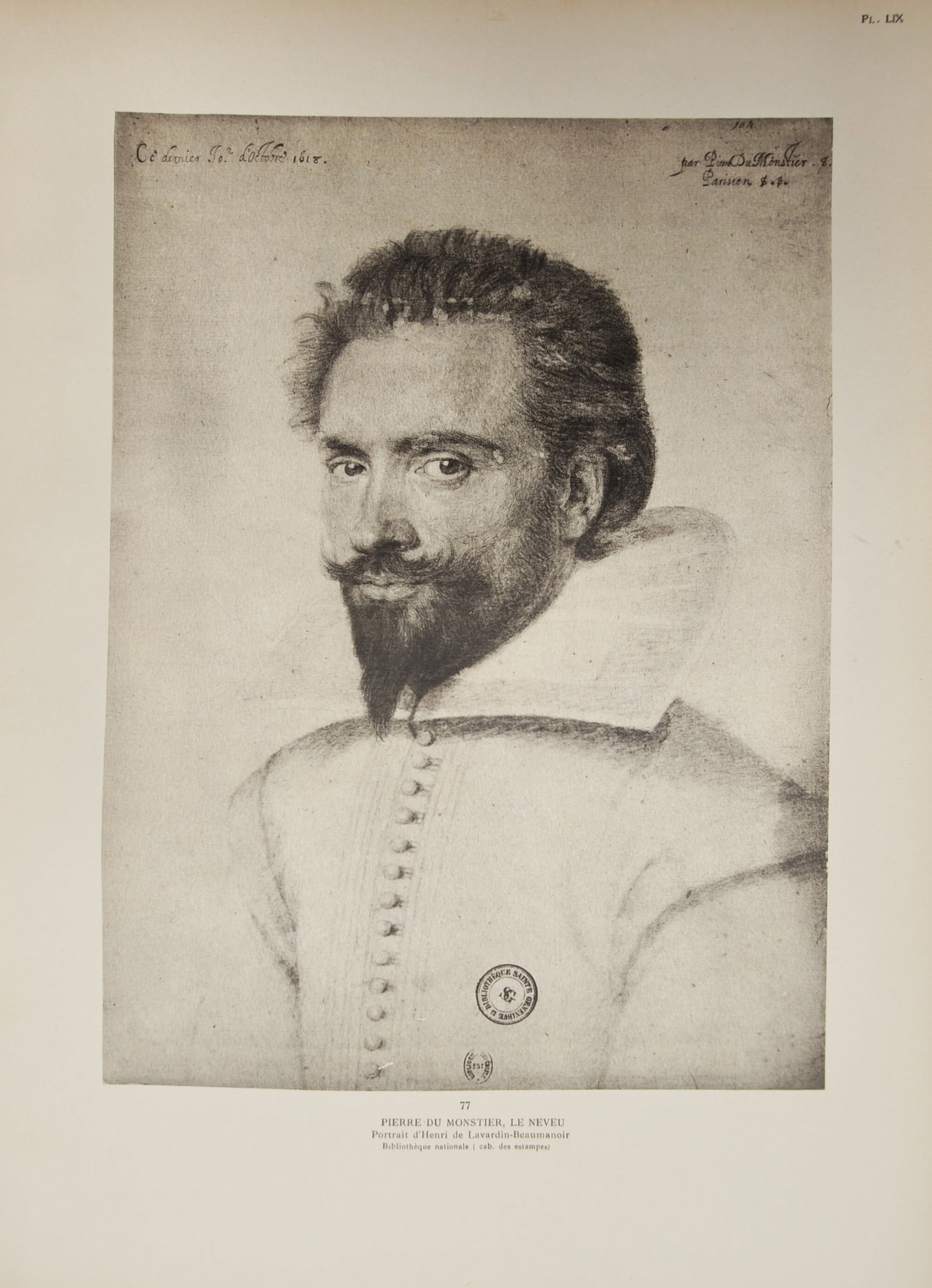 Pierre Dumonstier the Nephew – Portrait of Henri de Lavardin-Beaumanoir – offset print: "Portrait of Henri de Lavardin-Beaumanoir" presents a detailed seventeenth-century male bust portrait depicting the French nobleman dressed in an ornate buttoned doublet and prominent wide collar. The