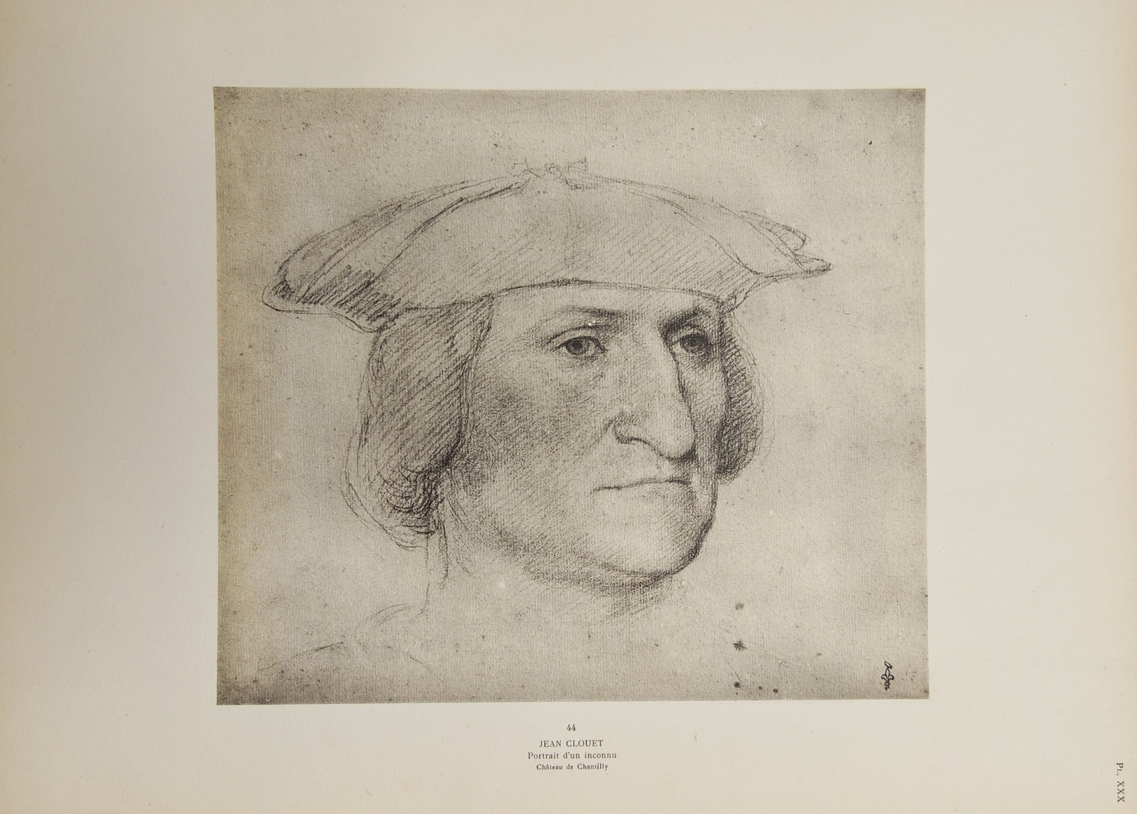 Jean Clouet – Portrait of an Unknown Man in a Cap – offset print (20th Century): "Portrait of an Unknown Man" presents a sensitive Renaissance portrait study depicting an older gentleman wearing a wide soft beret with shoulder-length hair. The composition captures subtle facial mo