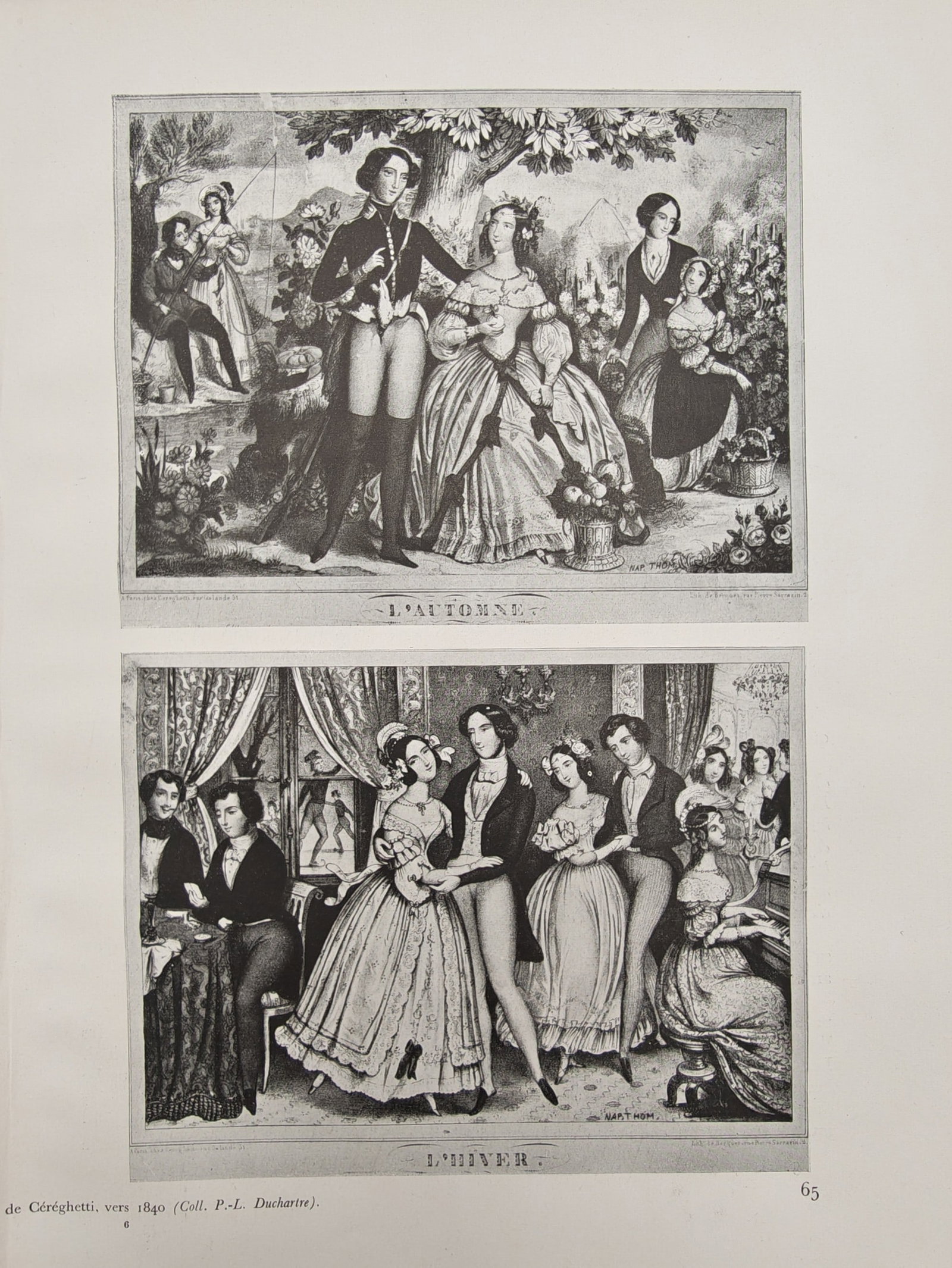 Pierre-Louis Duchartre – Elegant Parisian Figures in Autumn and Winter – offset print (20th: "Autumn and Winter" illustrates romanticized nineteenth-century Parisian genre scenes celebrating the seasonal cycle through fashionable ladies and gentlemen gathered outdoors in autumn foliage and so