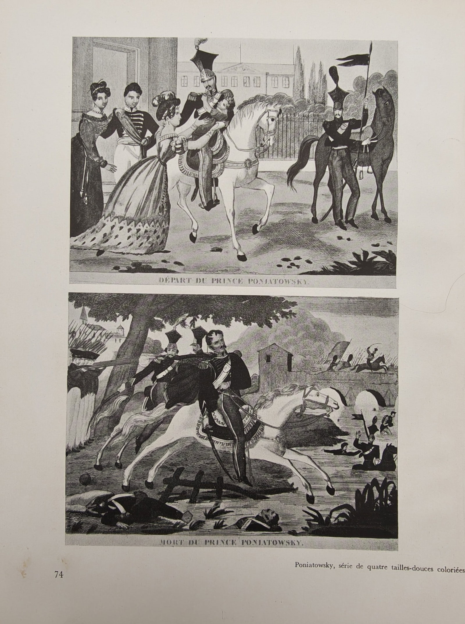 Pierre-Louis Duchartre – Departure and Death of Prince Poniatowski – offset print (20th Century): "Departure of Prince Poniatowski and Death of Prince Poniatowski" illustrates dramatic historical scenes depicting the departure of the Polish prince and military leader on horseback alongside his tra