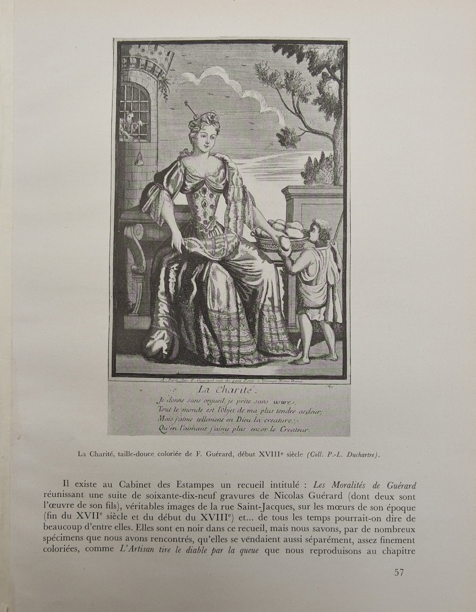 Pierre-Louis Duchartre – Allegory of Charity – offset print (20th Century): "Charity" presents an allegorical moral scene depicting an elegantly dressed noblewoman distributing bread to an impoverished child before classical architecture and garden scenery. The composition wa
