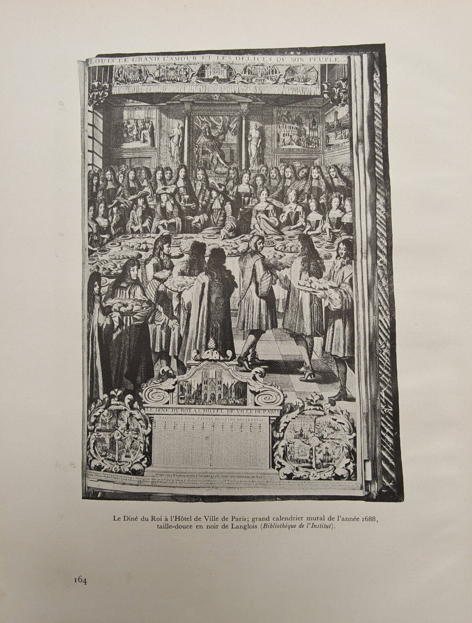 Pierre-Louis Duchartre – The King's Banquet at the Paris City Hall – offset print (20th Century): "The King's Dinner at the Hôtel de Ville of Paris: Grand Wall Calendar for the Year 1688" illustrates an elaborate courtly reception and ceremonial feast held in honor of the French monarch within a 