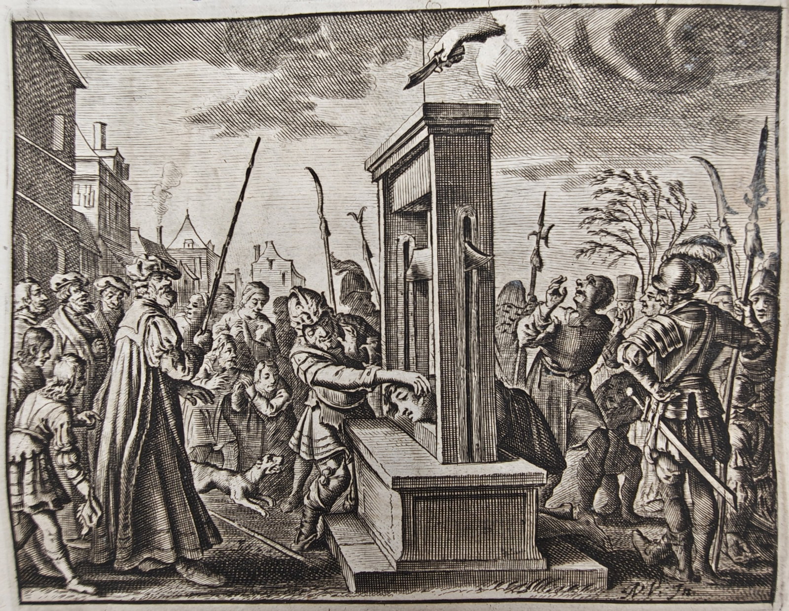 Jacob Cats – Emblem of the Falling Axe and Public Execution – Engraving (17th Century): "On a Falling Axe, Used in Some Countries" presents a dramatic seventeenth-century Dutch moral emblem illustrating a public decapitation by an early guillotine-like apparatus amidst a gathering of arm