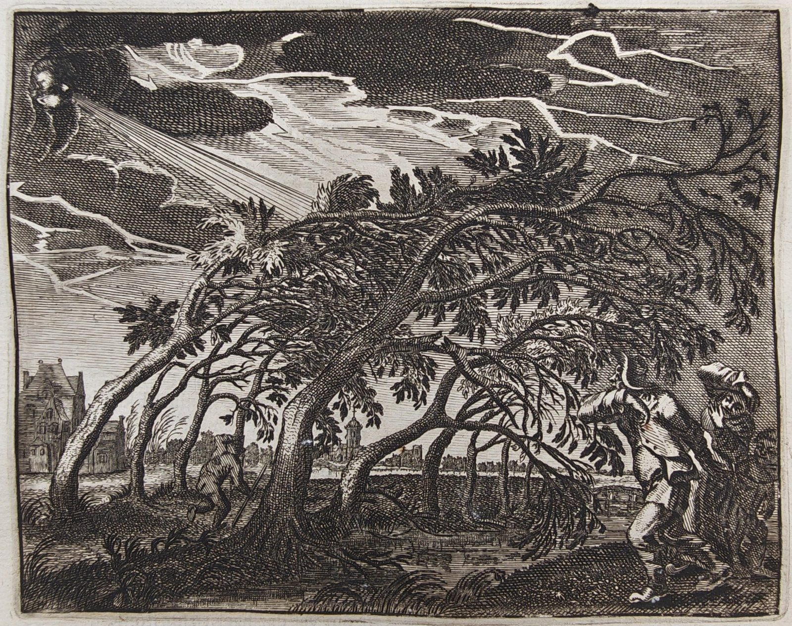 Jacob Cats – Emblem of the Storm Wind and the Lowly Herbs – Engraving (17th Century): "On the Sight Where High Trees, and No Low Herbs Were Damaged by a Storm Wind" presents a moralizing seventeenth-century Dutch emblem illustrating high trees bending and breaking beneath tempestuous g