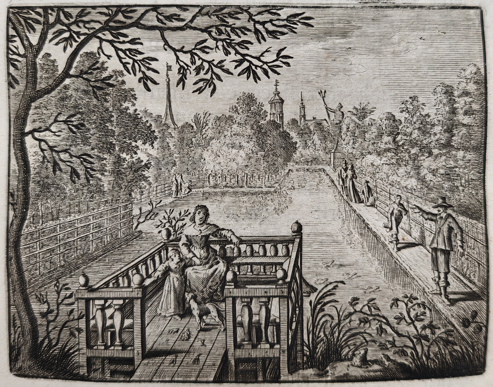 Jacob Cats – Emblem of the Frogs in the Garden Canal – Engraving (17th Century): "On the Sight of Frogs" presents a seventeenth-century Dutch emblem illustrating figures relaxing on an estate terrace and canal walkway while observing frogs leaping between water and land amidst man