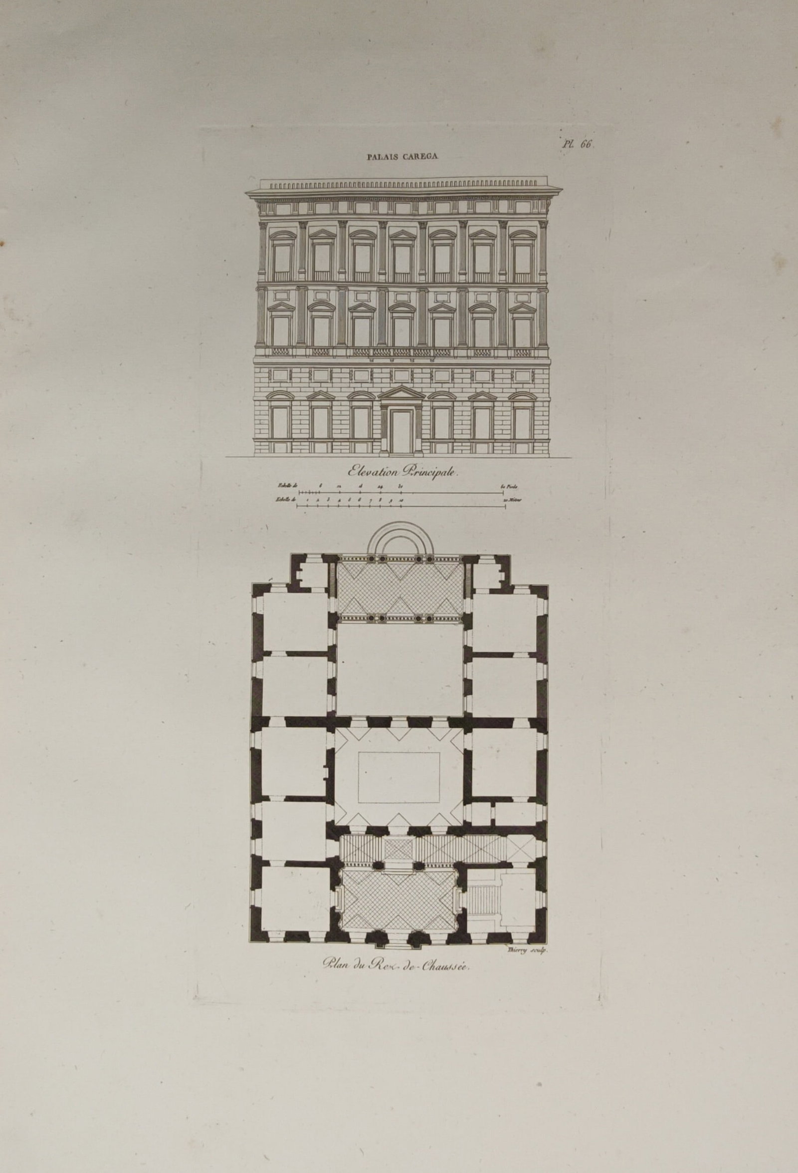 Étienne-Jules Thierry – Elevation and Ground Floor Plan of the Carrega Palace – Engraving: "Carrega Palace" presents an architectural study detailing the classical facade elevation and comprehensive ground floor plan of the historic Genoese noble residence. The technical draftsmanship highl