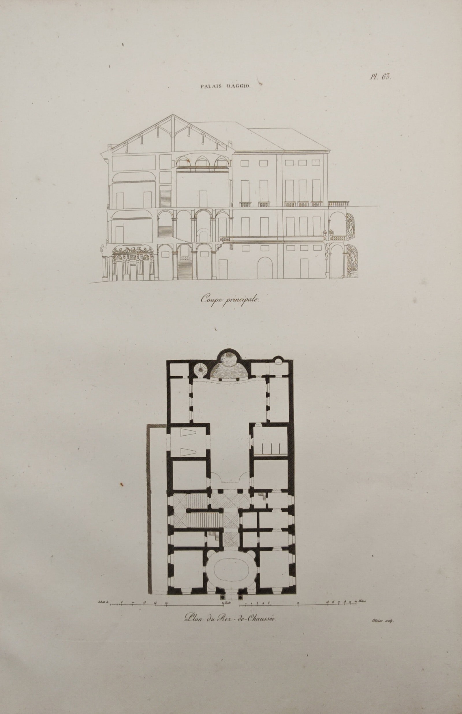 Auguste Hibon – Principal Section and Ground Floor Plan of the Balbi Palace – Engraving (1 of 2)