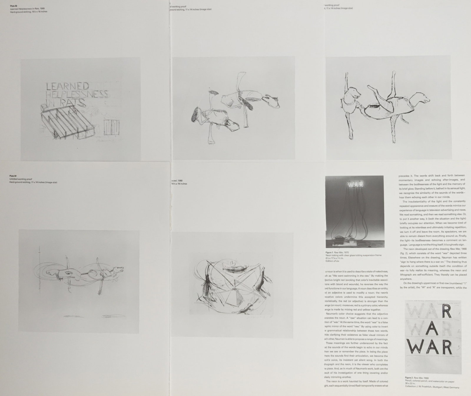 Bruce Nauman,after – Set of 6: Conceptual Studies, Text Pieces, and Animal Figures – Offset: "Conceptual Studies, Text Pieces, and Animal Figures" presents a conceptual art collection featuring linear figurative studies of suspended animals, sculptural plans, and typographical wordplay explor
