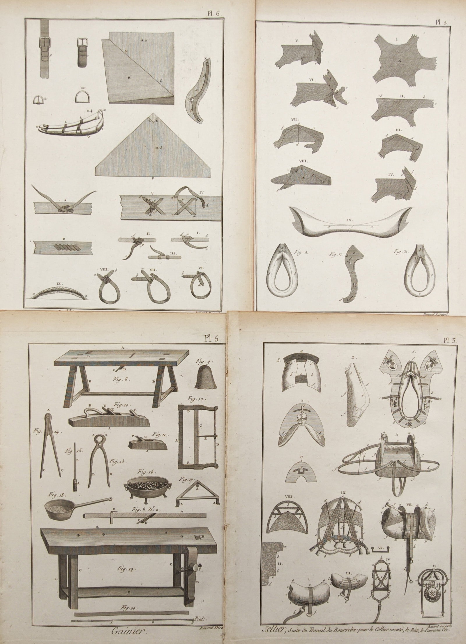 Robert Bénard – Set of 4: Saddlery, Sheath Making, and Leatherworking Crafts – Engravings (1 of 2)